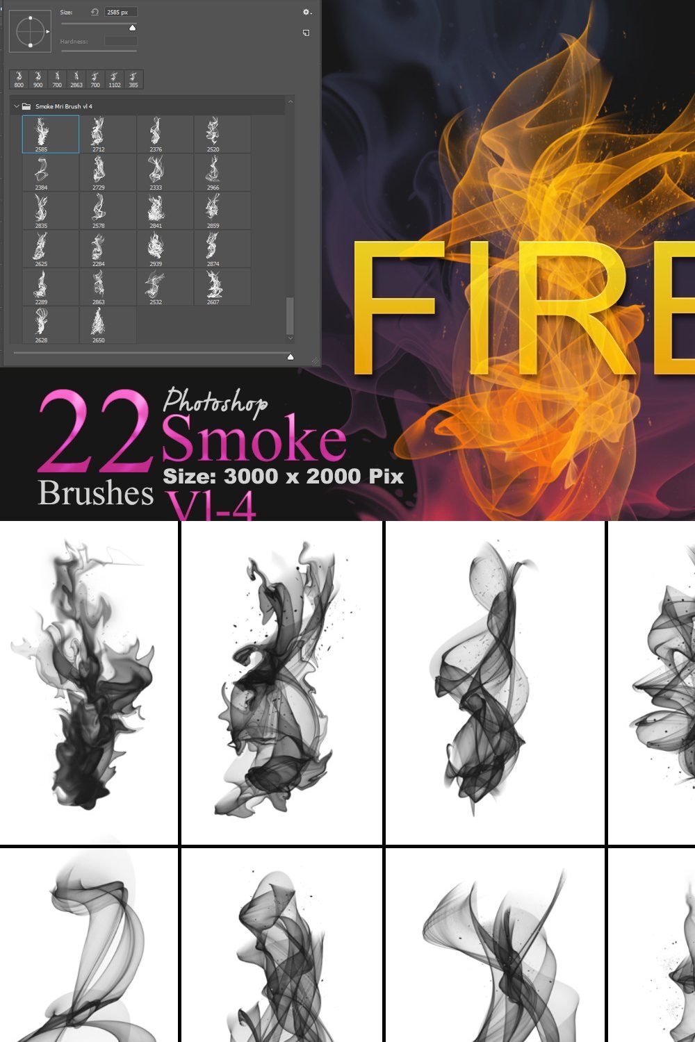 Fire and Smoke Photoshop Brushes pinterest preview image.