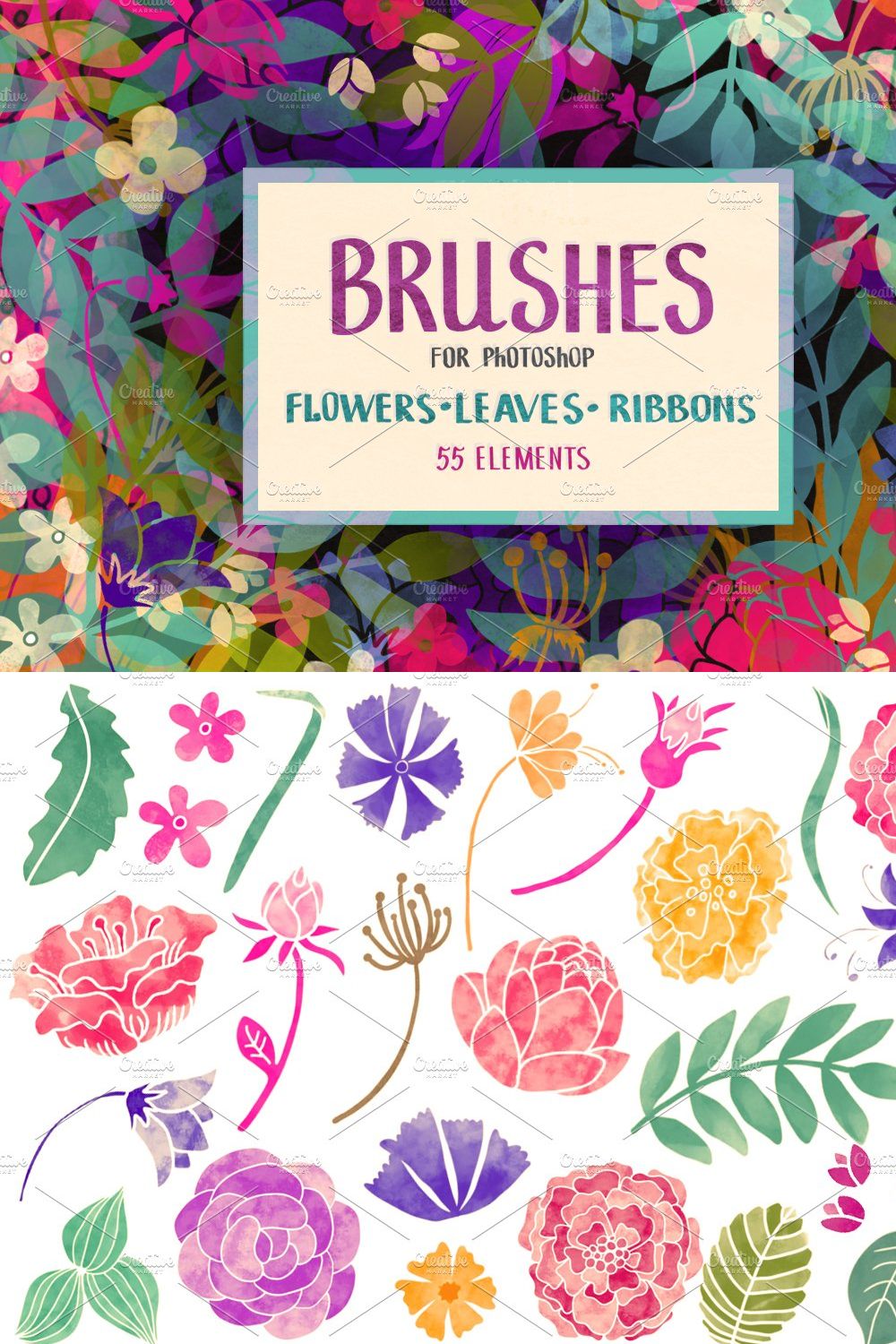 Floral Photoshop brushes pinterest preview image.