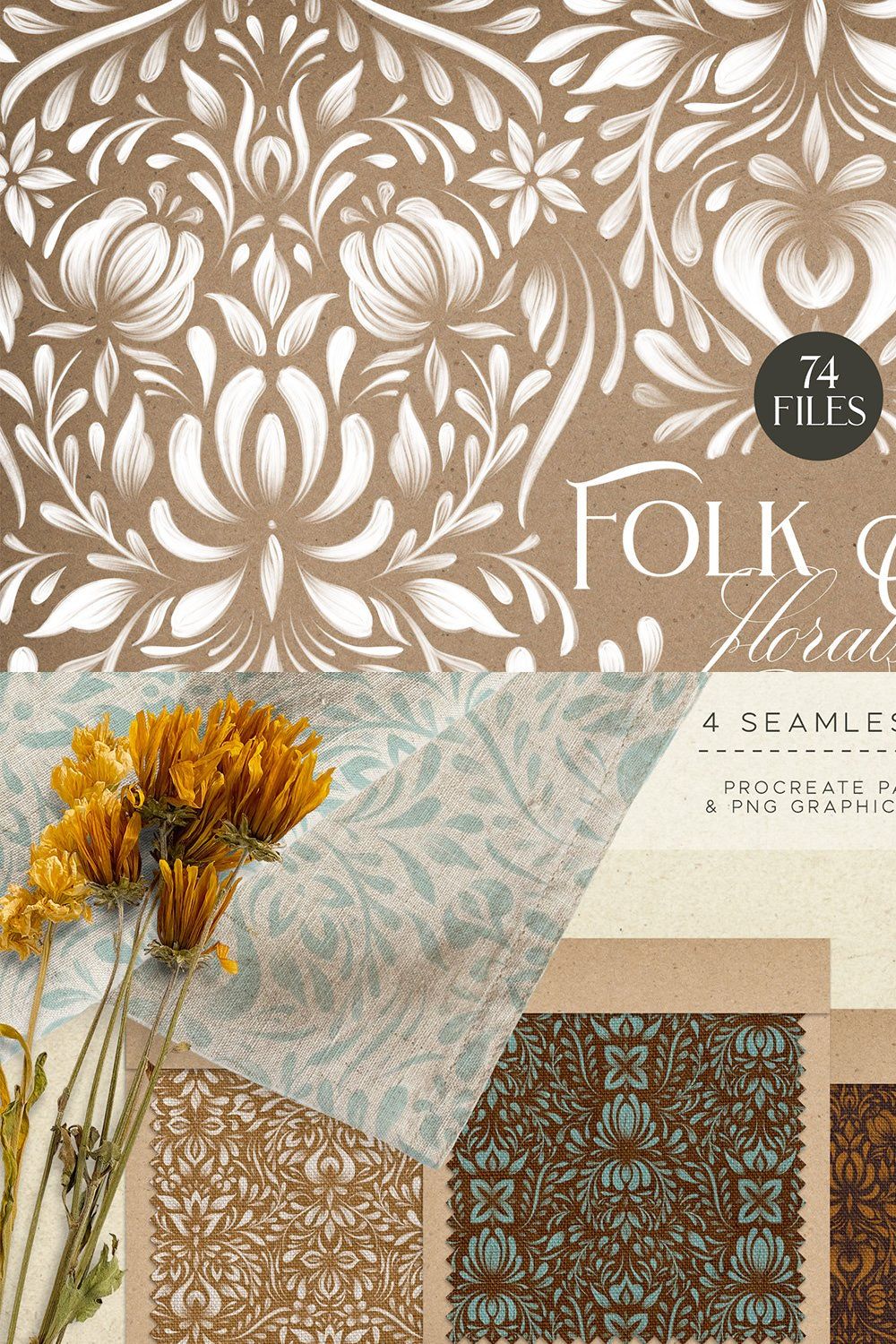 Folk Art Floral Procreate Brush Kit pinterest preview image.