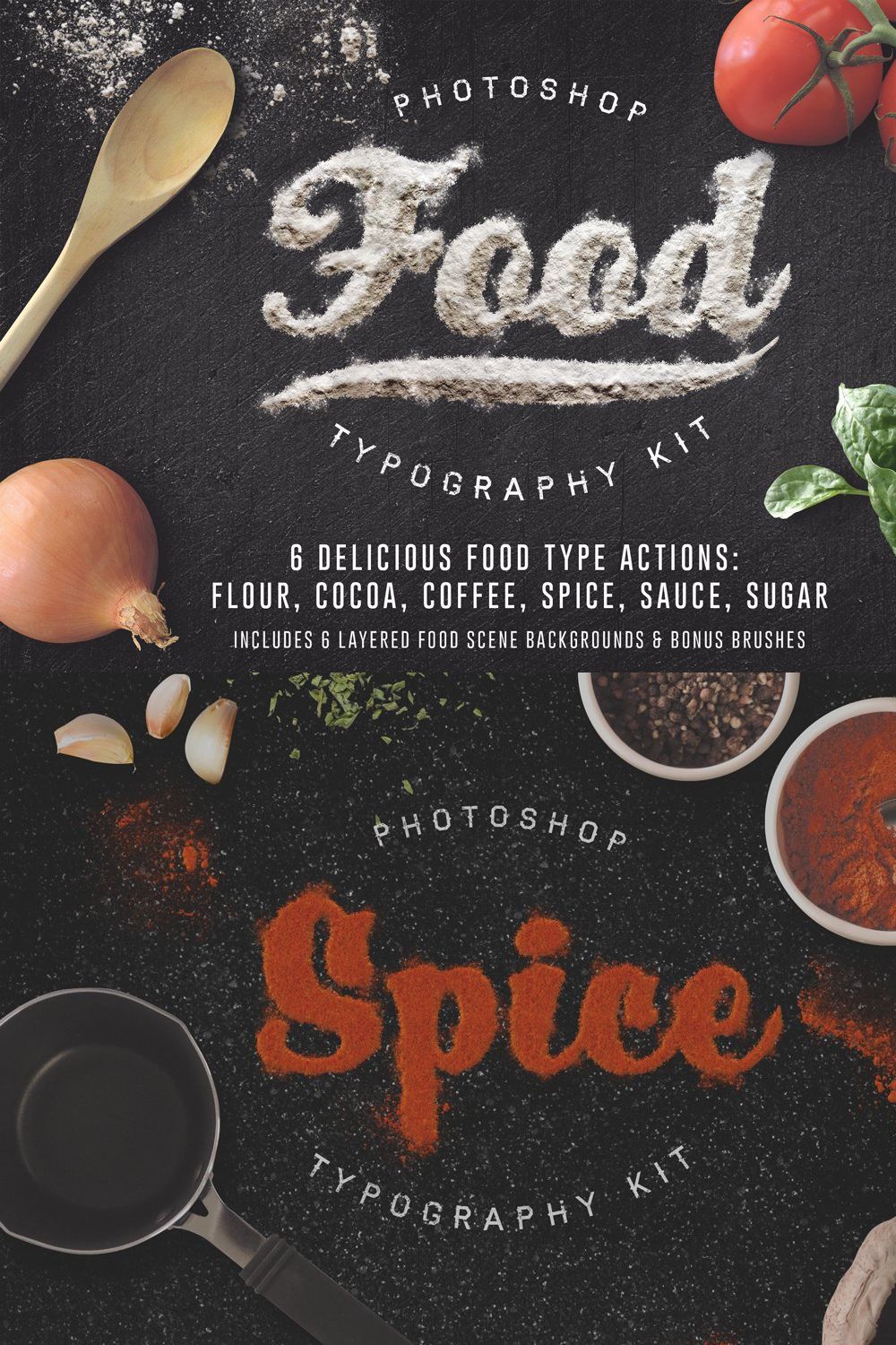 Food Typography PSD Actions pinterest preview image.