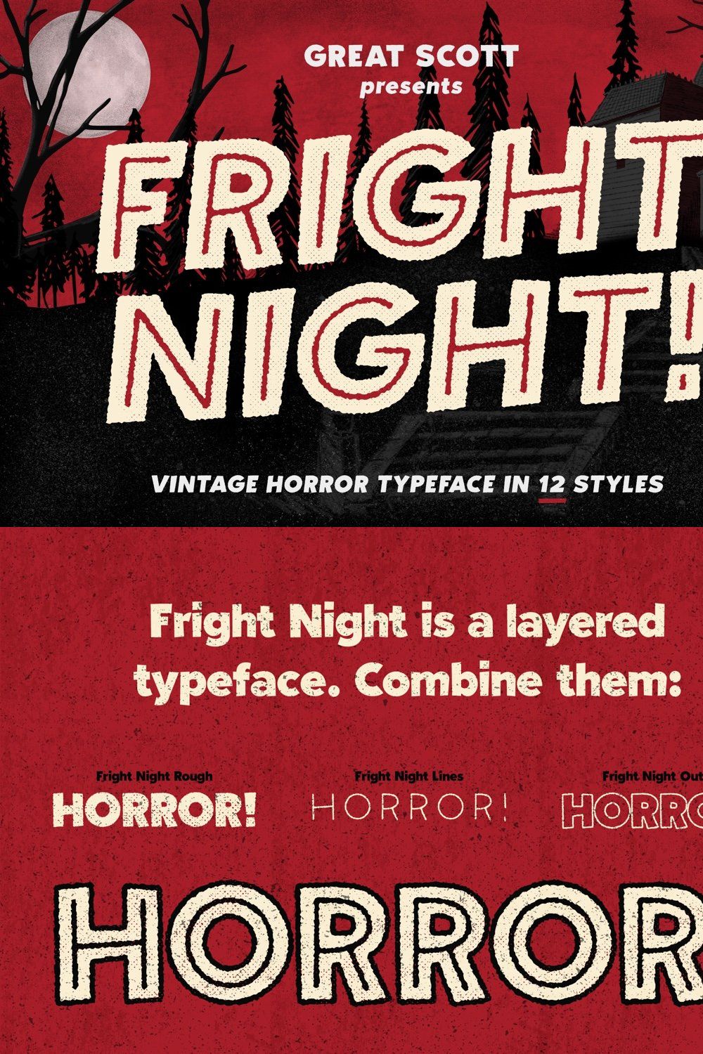 Fright Night! A vintage horror font pinterest preview image.