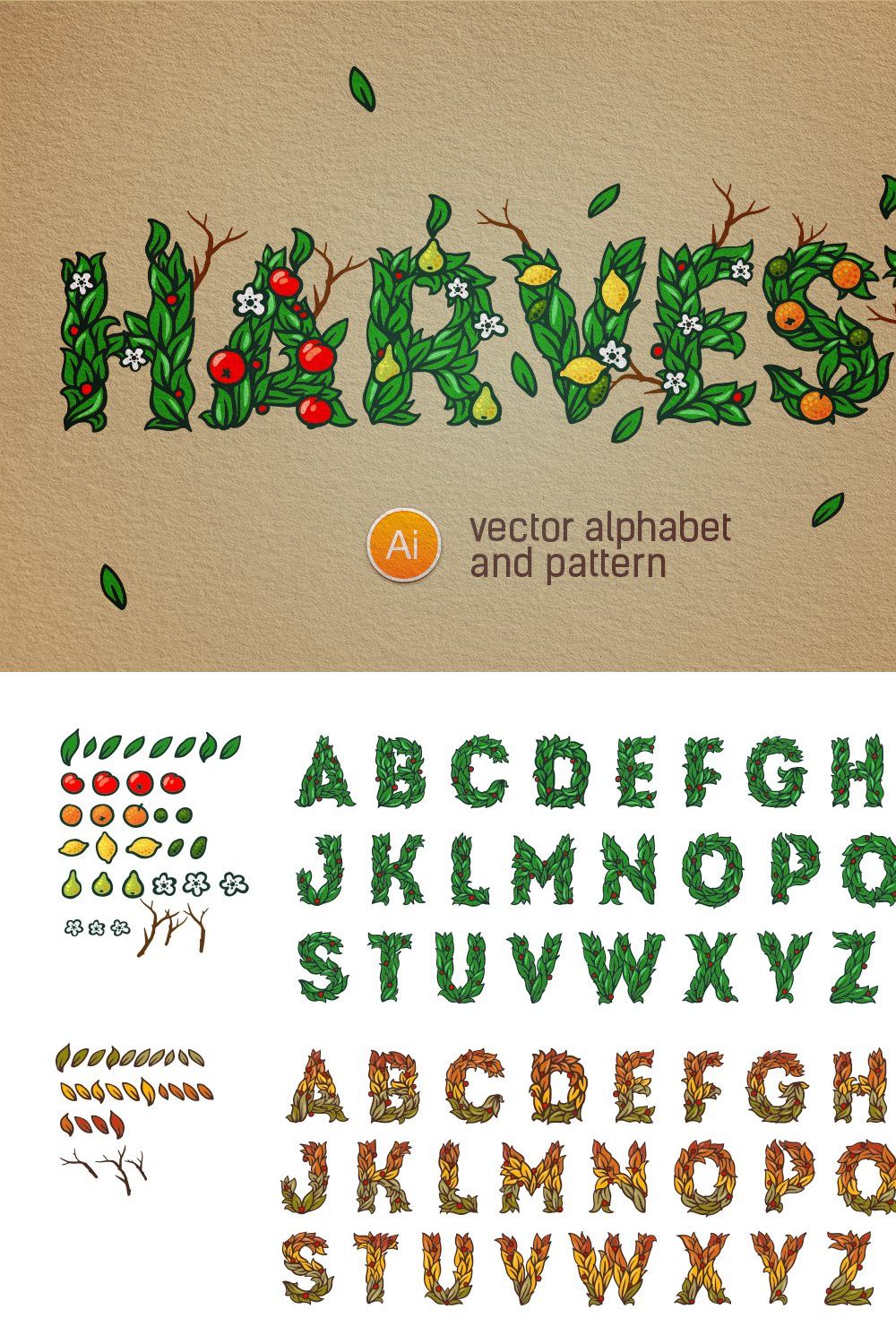 Full editable alphabet & patterns pinterest preview image.