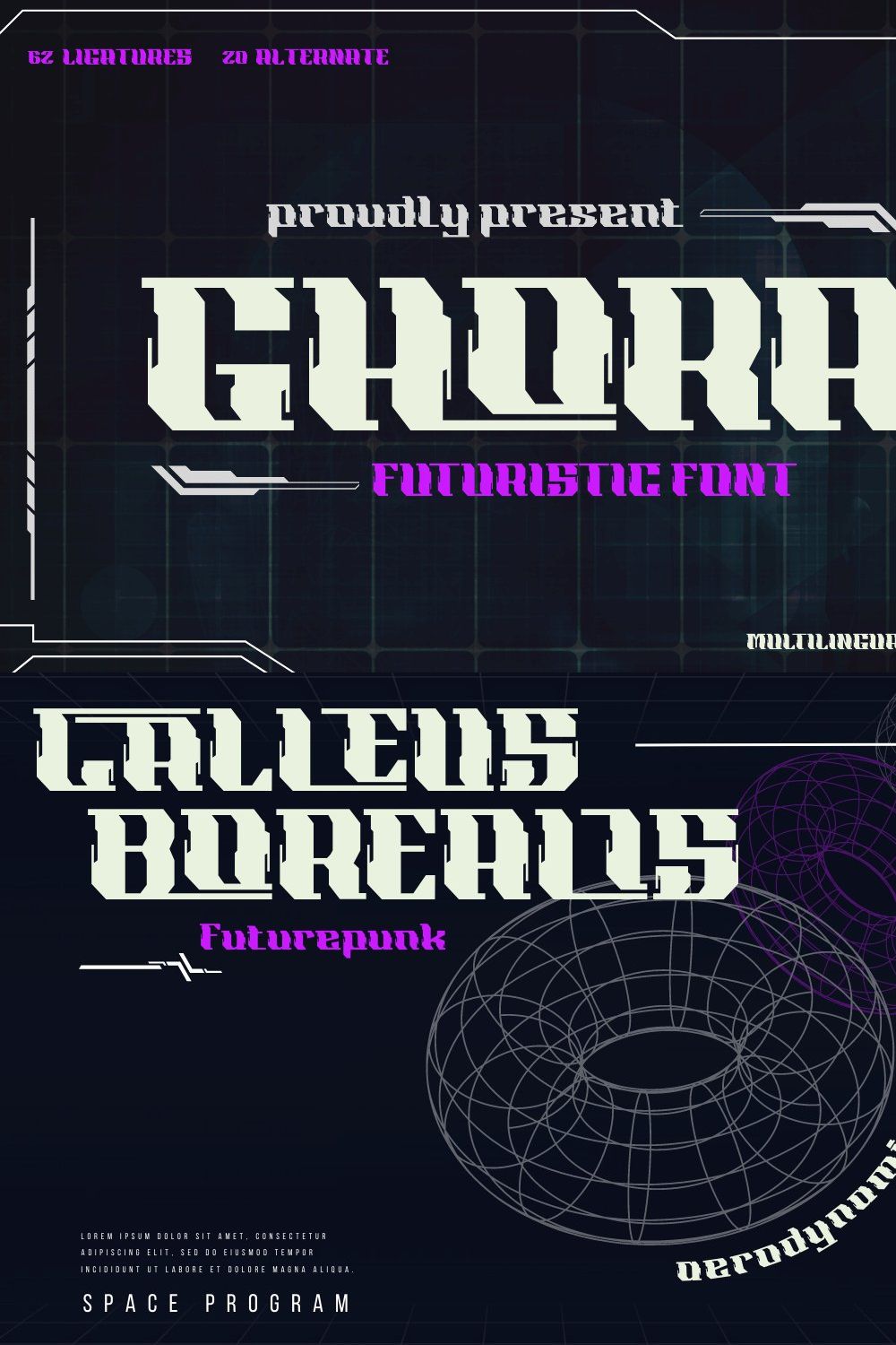 Ghora | Futuristic Font pinterest preview image.