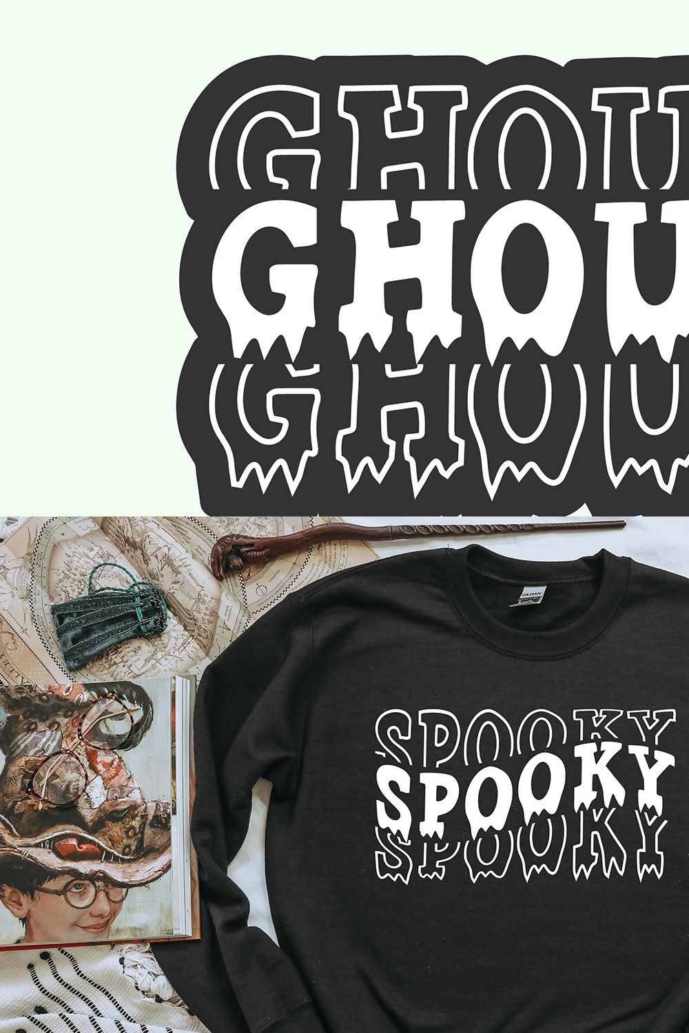 GHOUL STACKED Halloween Font pinterest preview image.