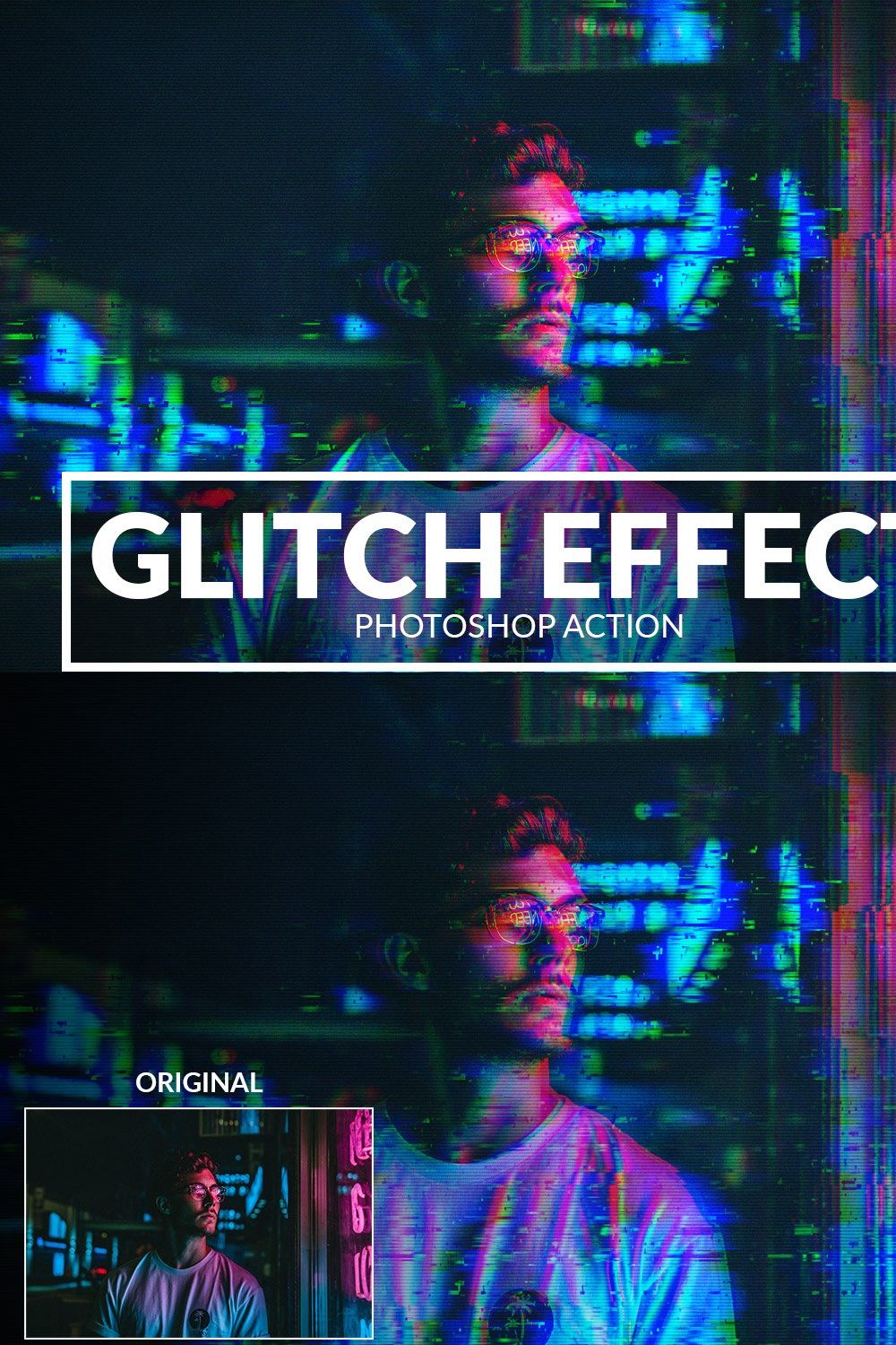 Glitch Effect Photoshop Action pinterest preview image.