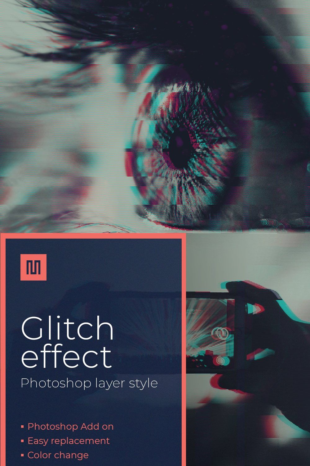 Glitch effect - Photoshop effect pinterest preview image.