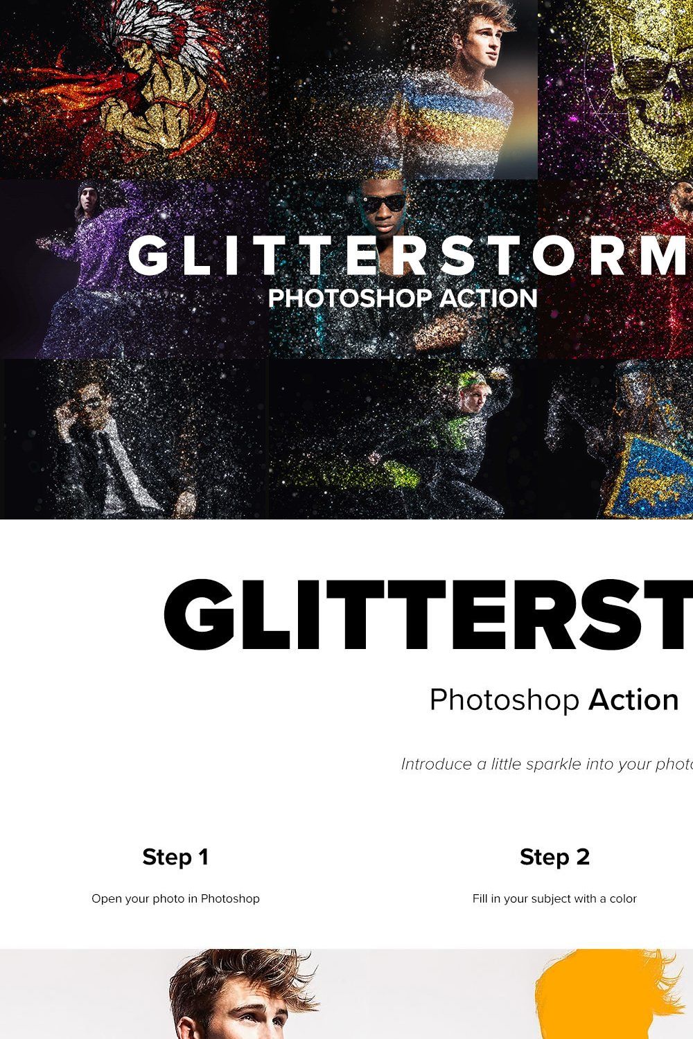 Glitterstorm Photoshop Action pinterest preview image.
