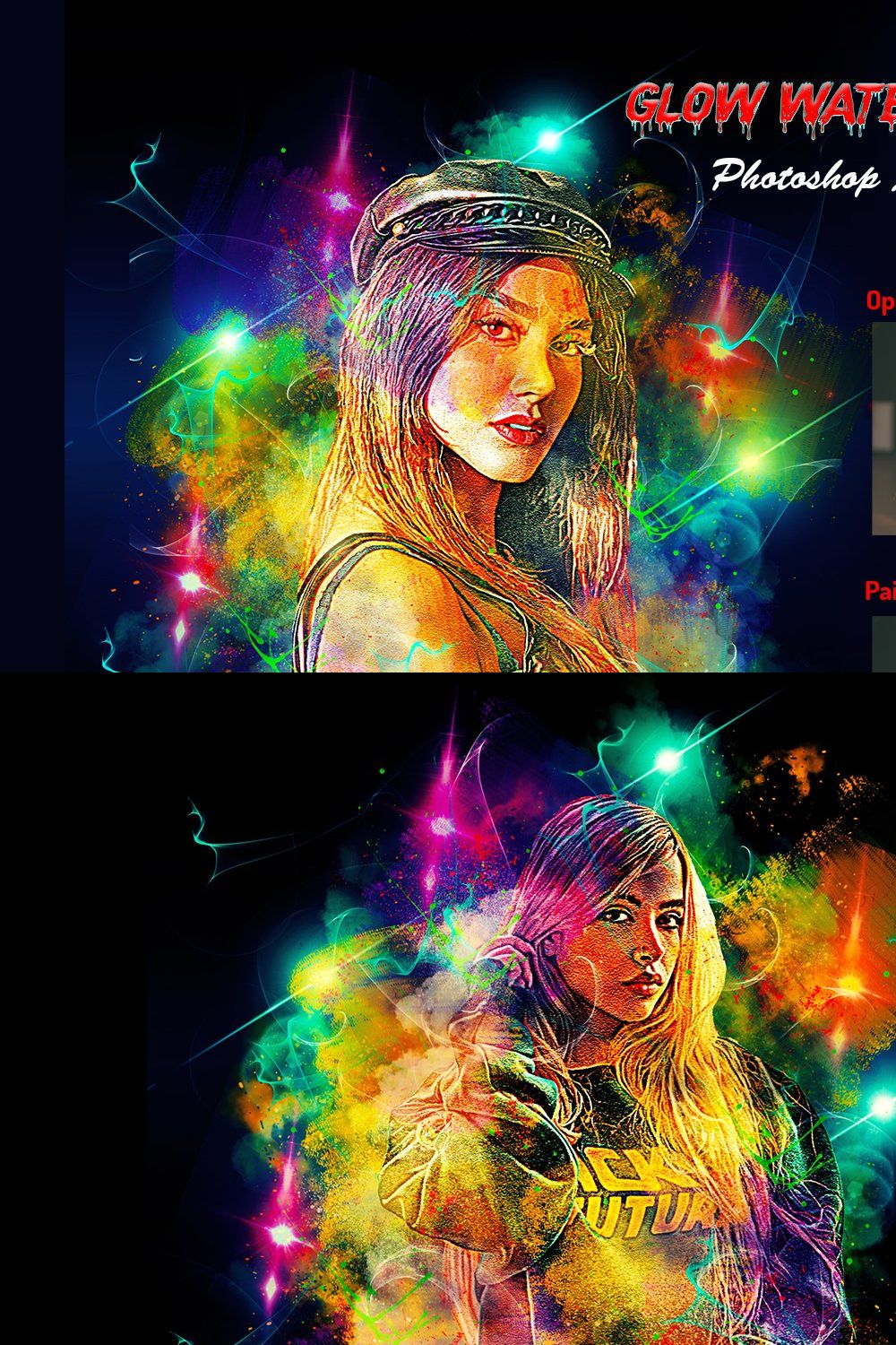 Glow Watercolor Photoshop Action pinterest preview image.