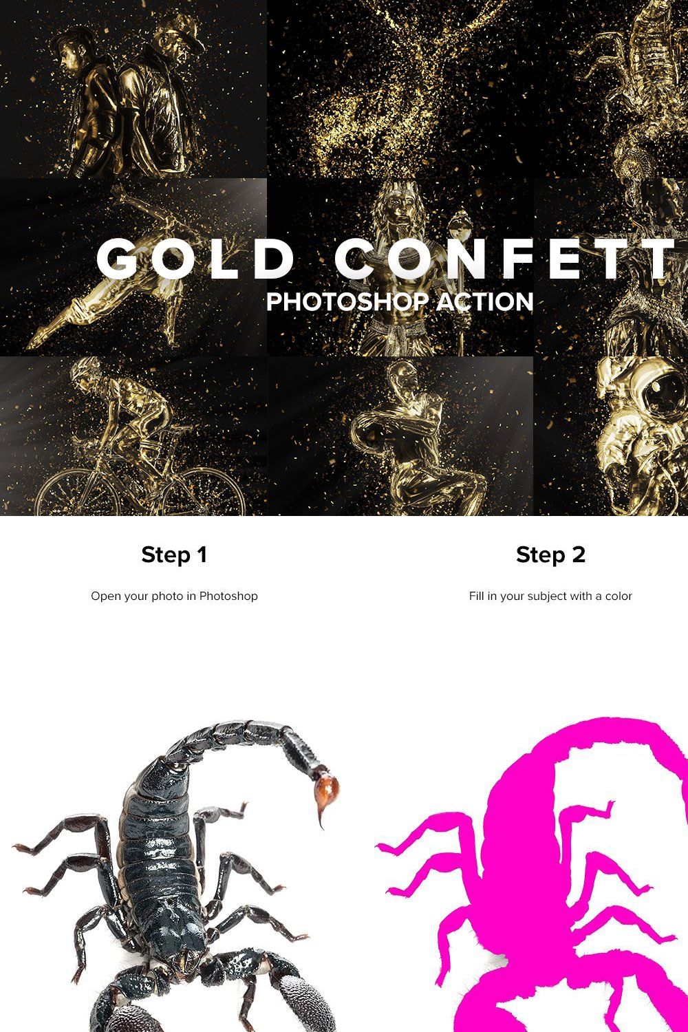 Gold Confetti Photoshop Action pinterest preview image.