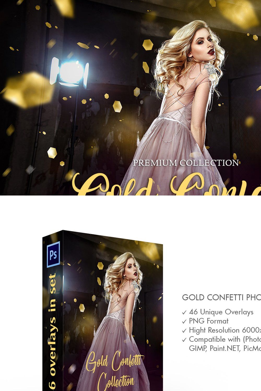 Gold Confetti Photoshop Overlays pinterest preview image.
