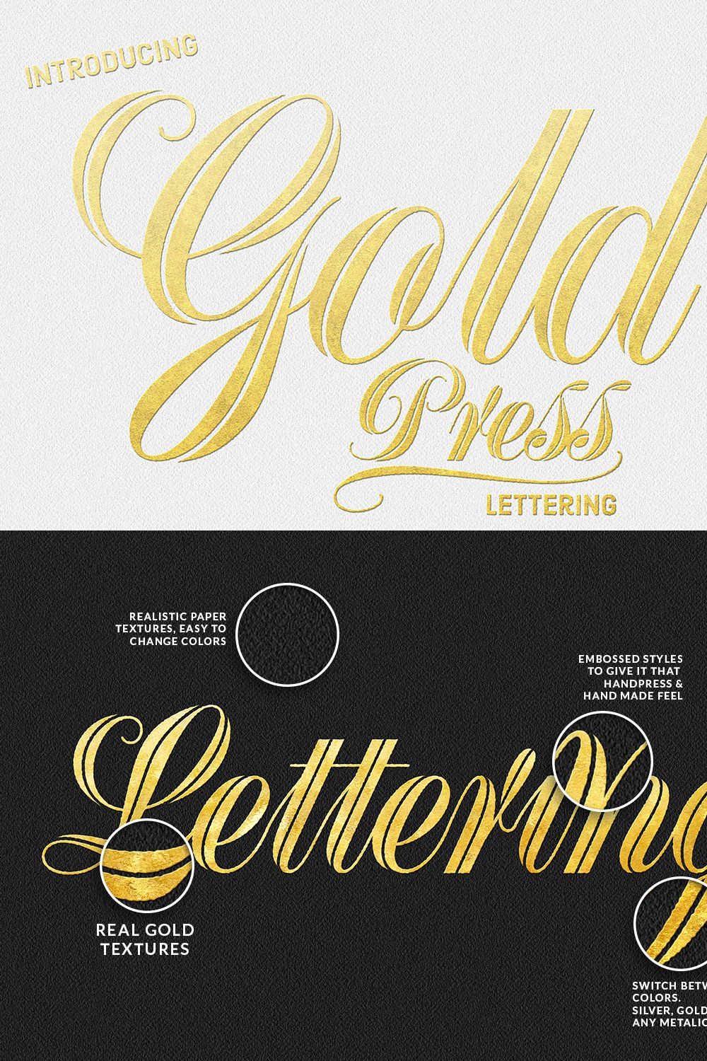 Gold Press Lettering pinterest preview image.