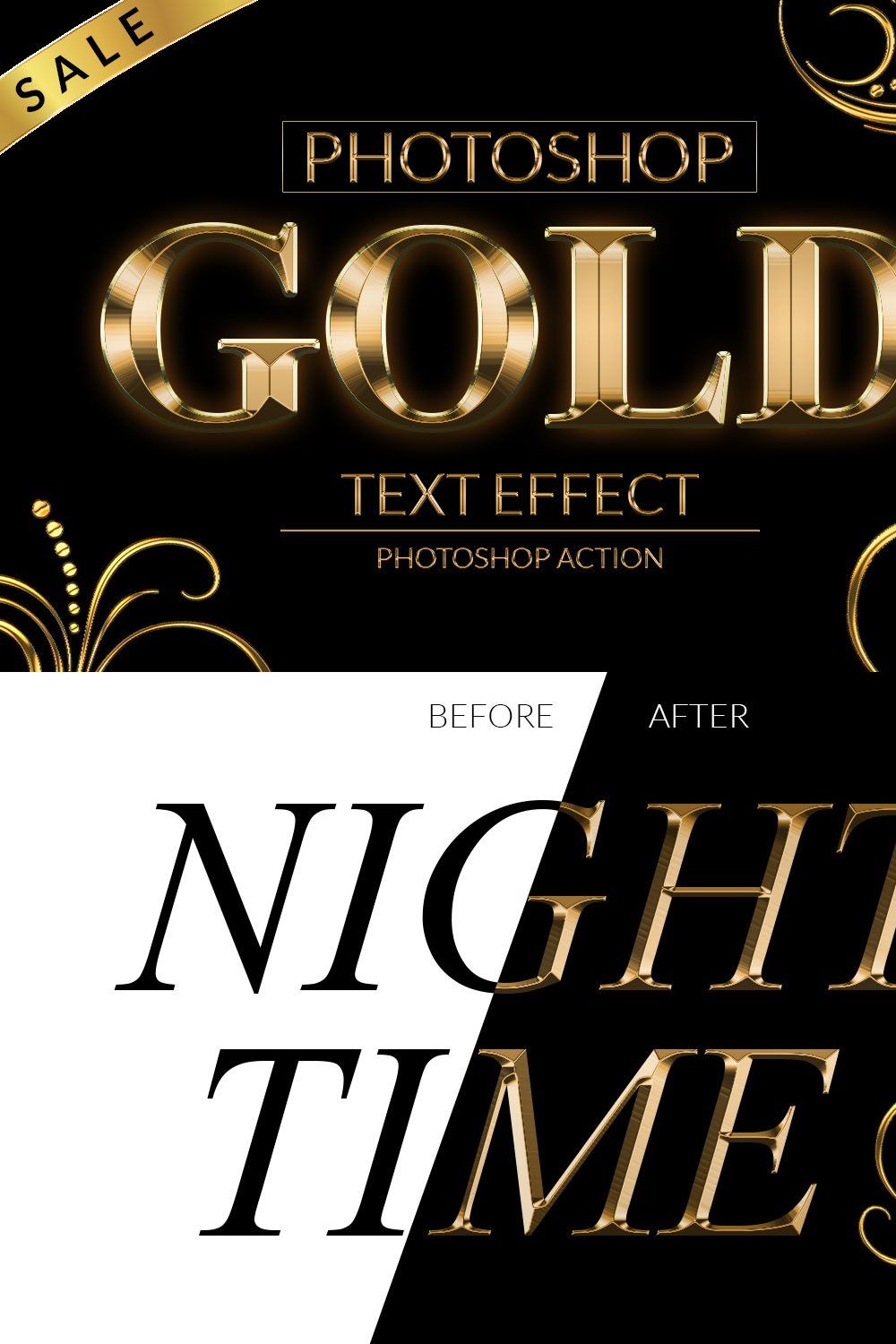 Gold Text Effect Photoshop Action pinterest preview image.