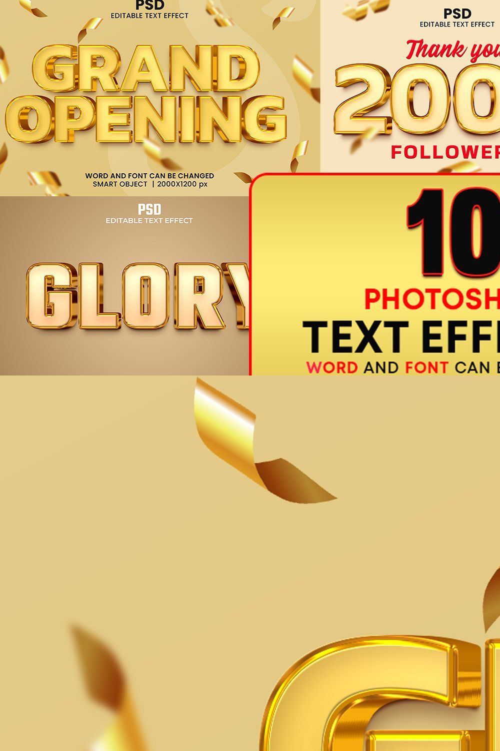 Golden 3d text effect bundle V.02 pinterest preview image.