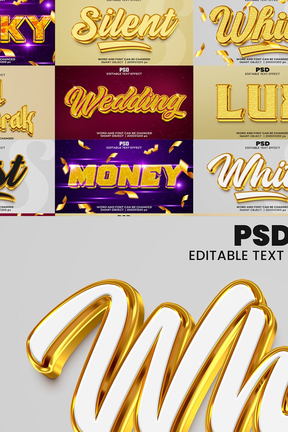 Golden 3d text effect bundle V.04 pinterest preview image.