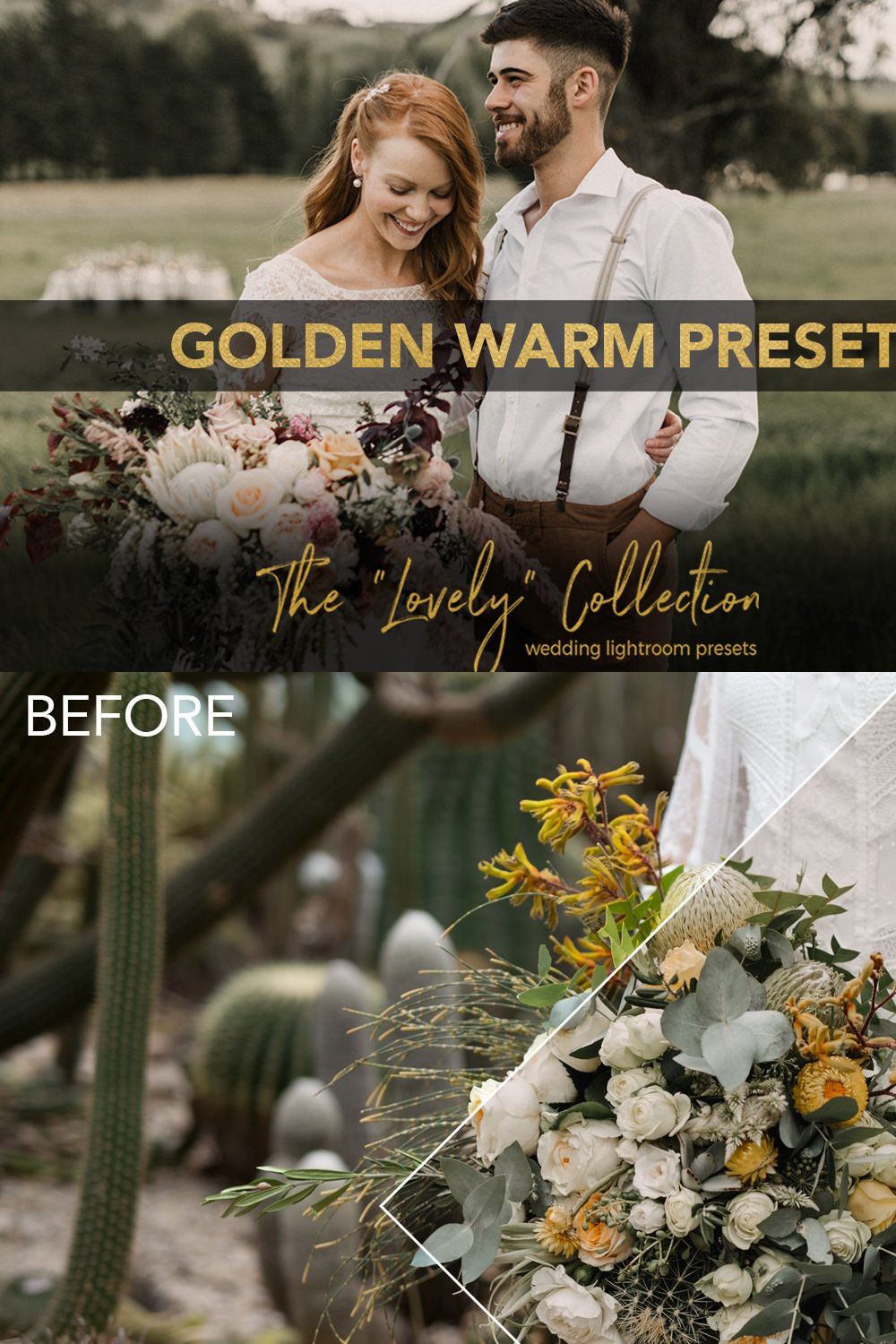 Golden Warm Wedding Lightroom Preset pinterest preview image.