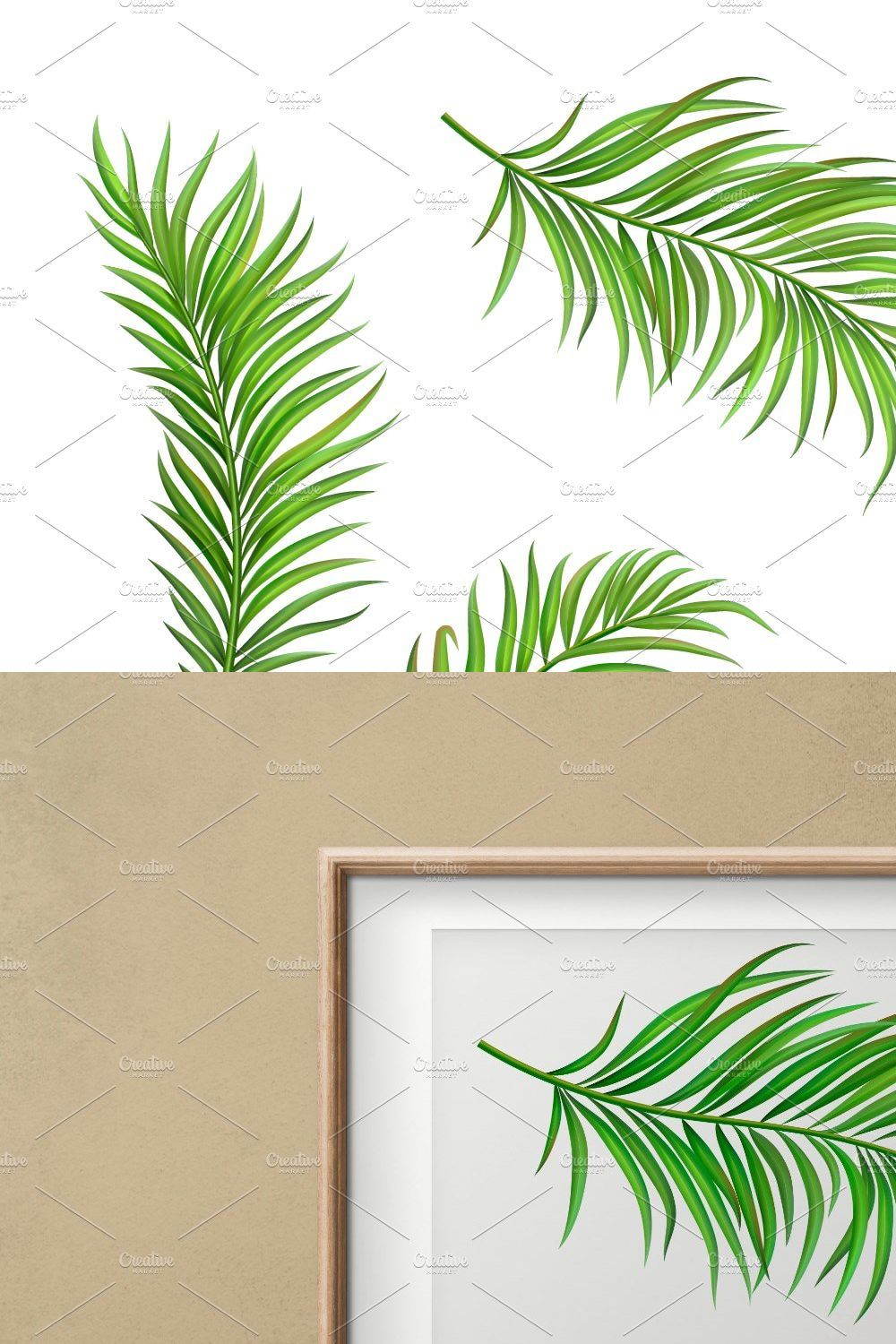 Green vector palm branches. pinterest preview image.
