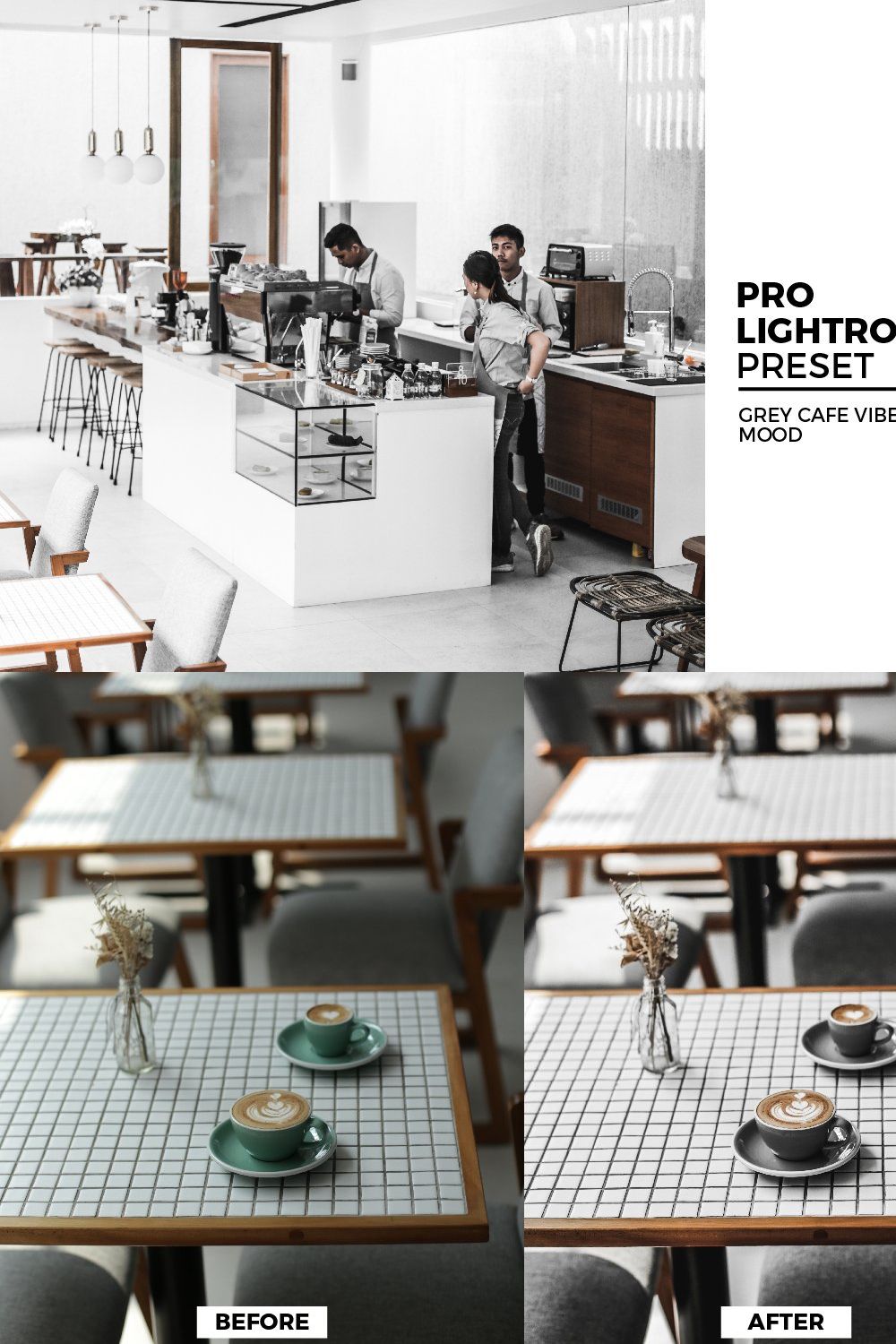 Grey Cafe Mood Lightroom Presets pinterest preview image.