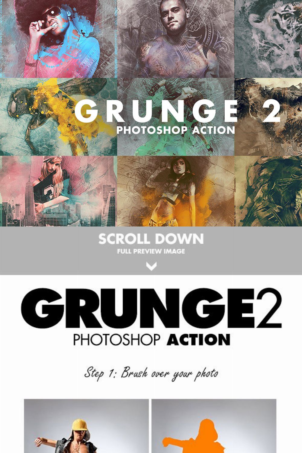 Grunge 2 Photoshop Action pinterest preview image.
