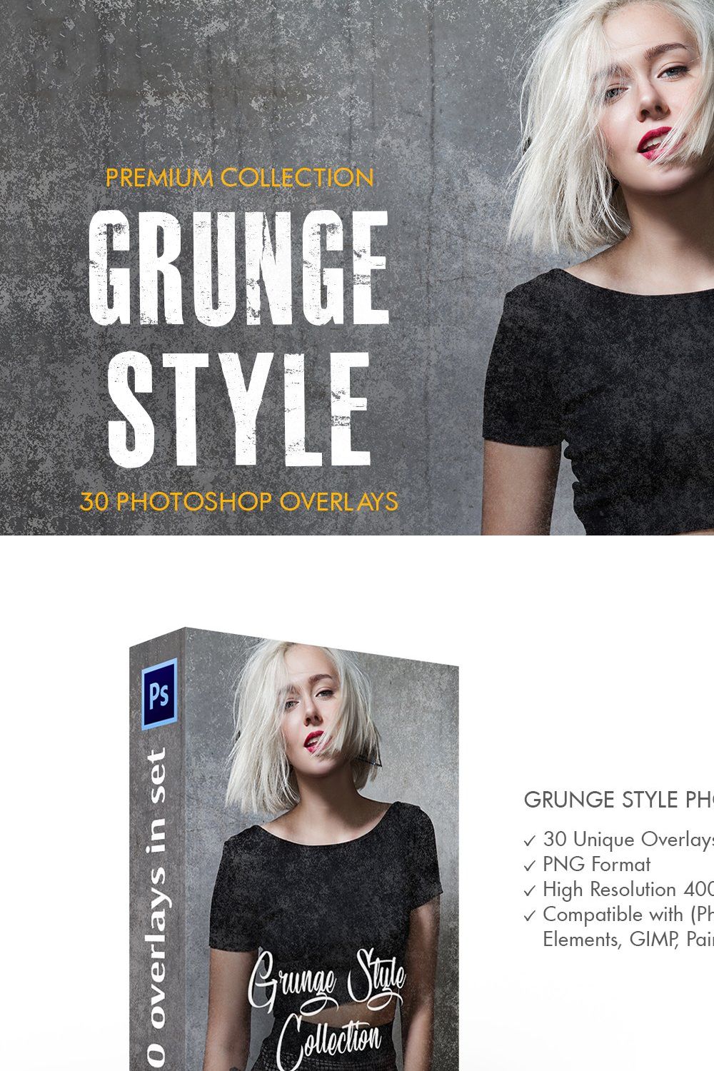 Grunge Style Photoshop Overlays pinterest preview image.