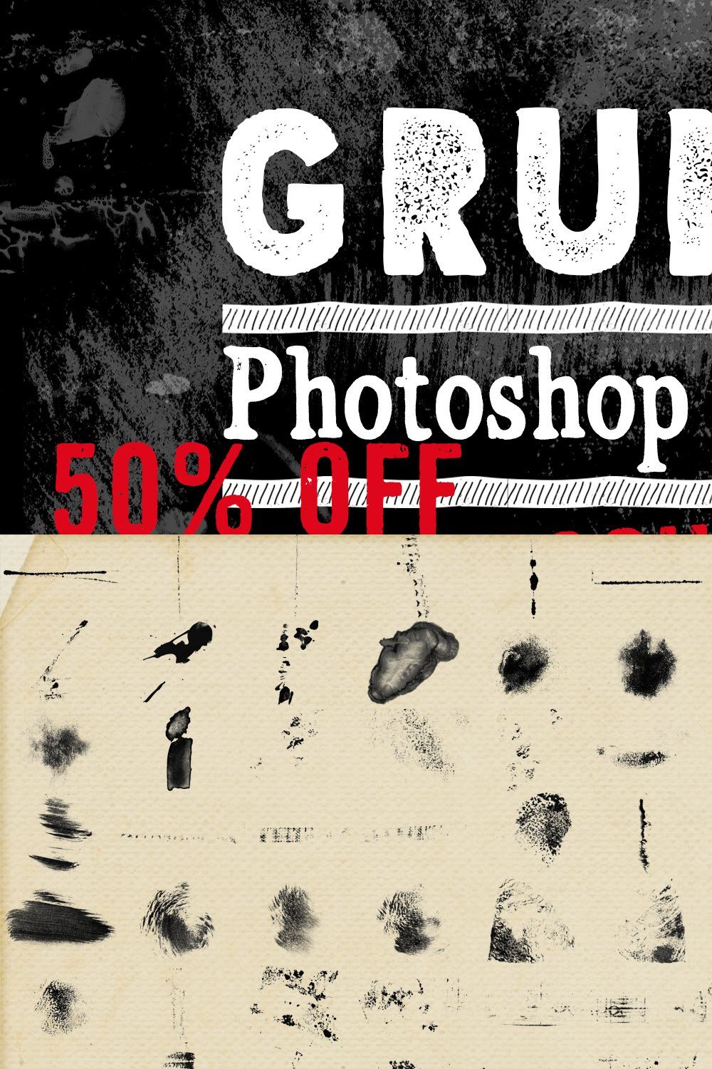 Grunge Texture Photoshop Brushes 50% pinterest preview image.