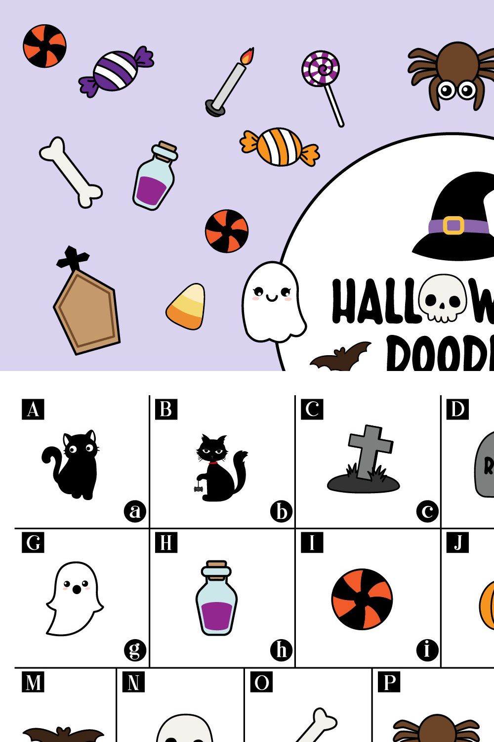 Halloween Doodle Dingbats&Color font pinterest preview image.