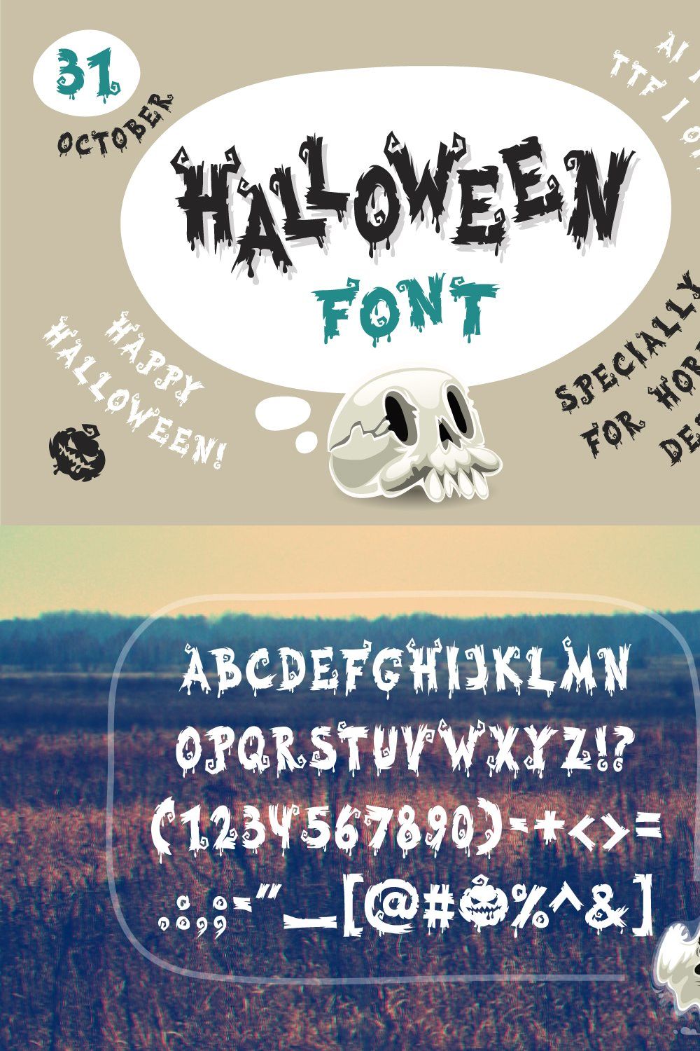 Halloween Font with Symbols pinterest preview image.