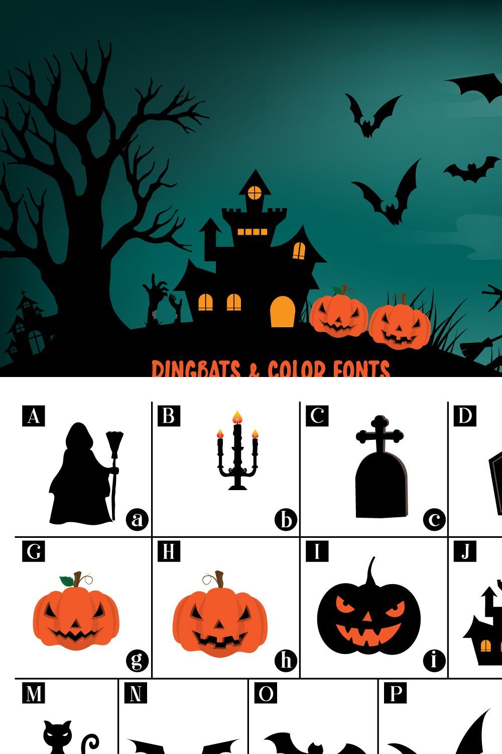 Halloween Night Dingbats&Color Font pinterest preview image.