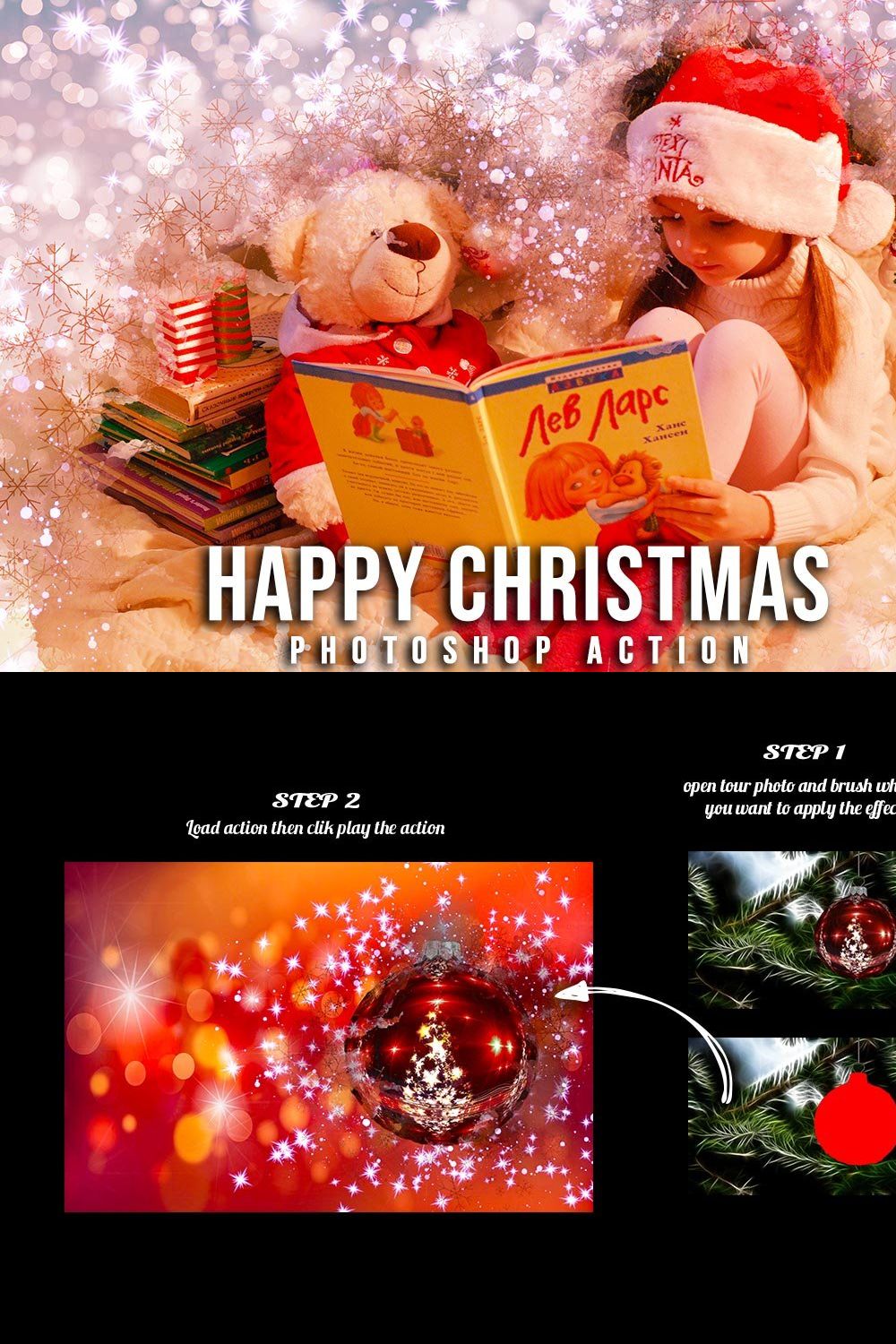 Happy Christmas Photoshop Action pinterest preview image.