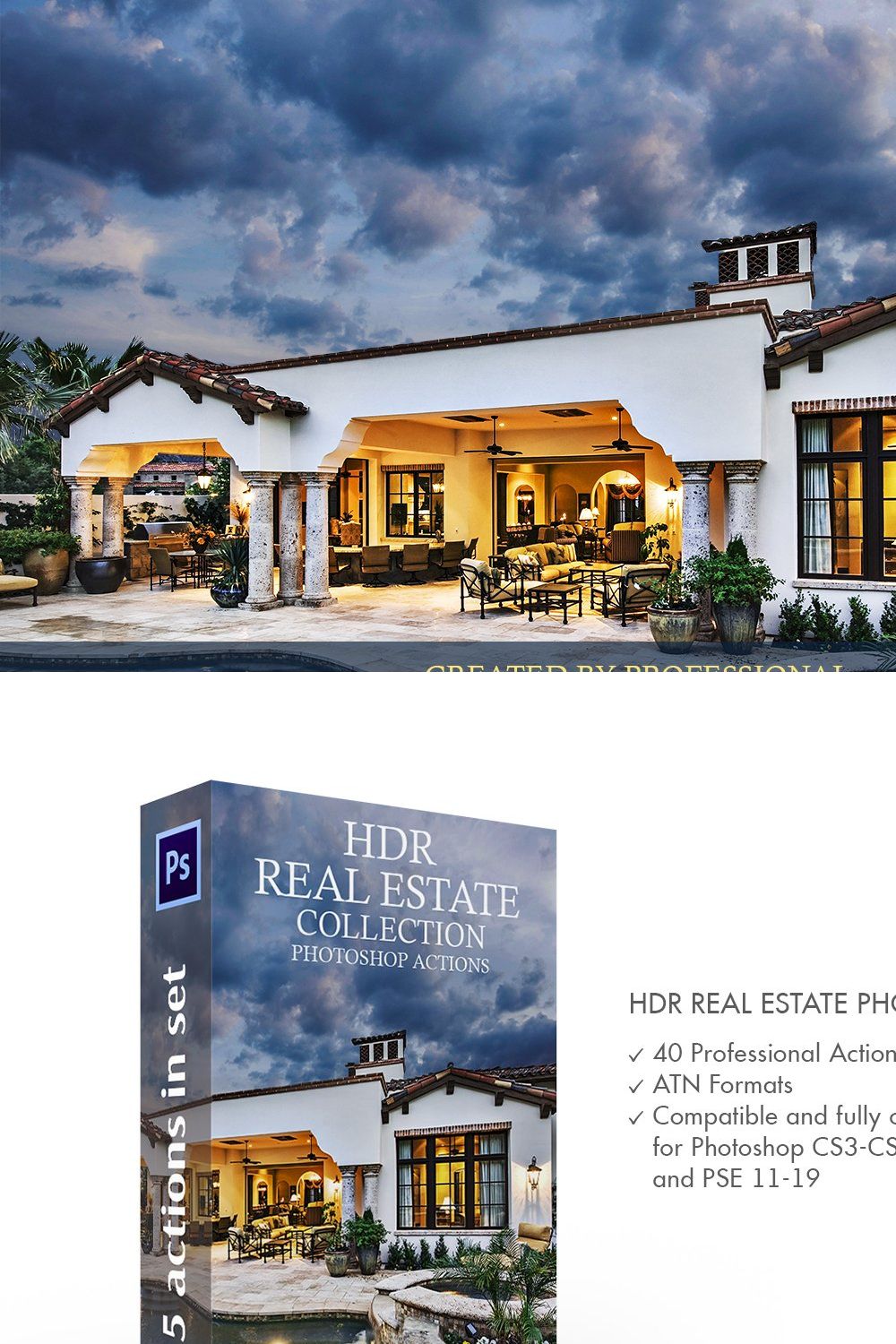 HDR Real Estate Photoshop Actions pinterest preview image.