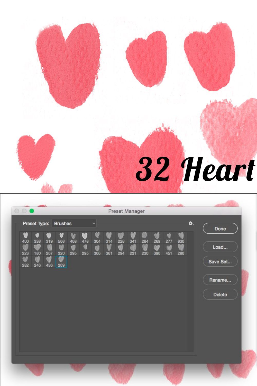 Heart Brushes for Photoshop pinterest preview image.