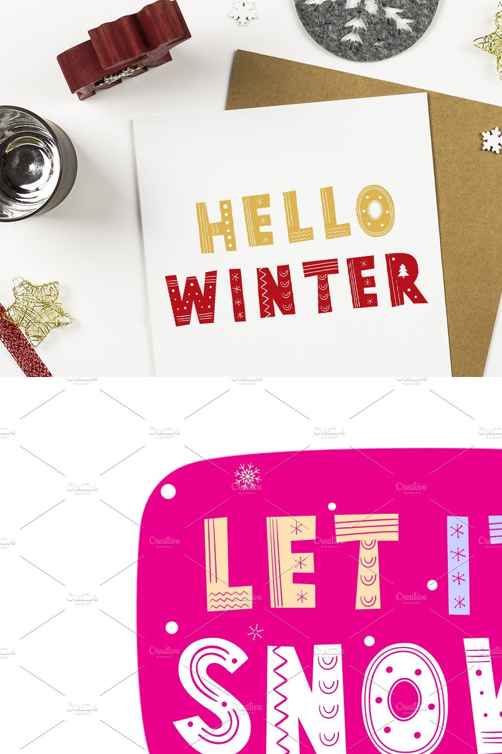 Hello Winter Typography pinterest preview image.