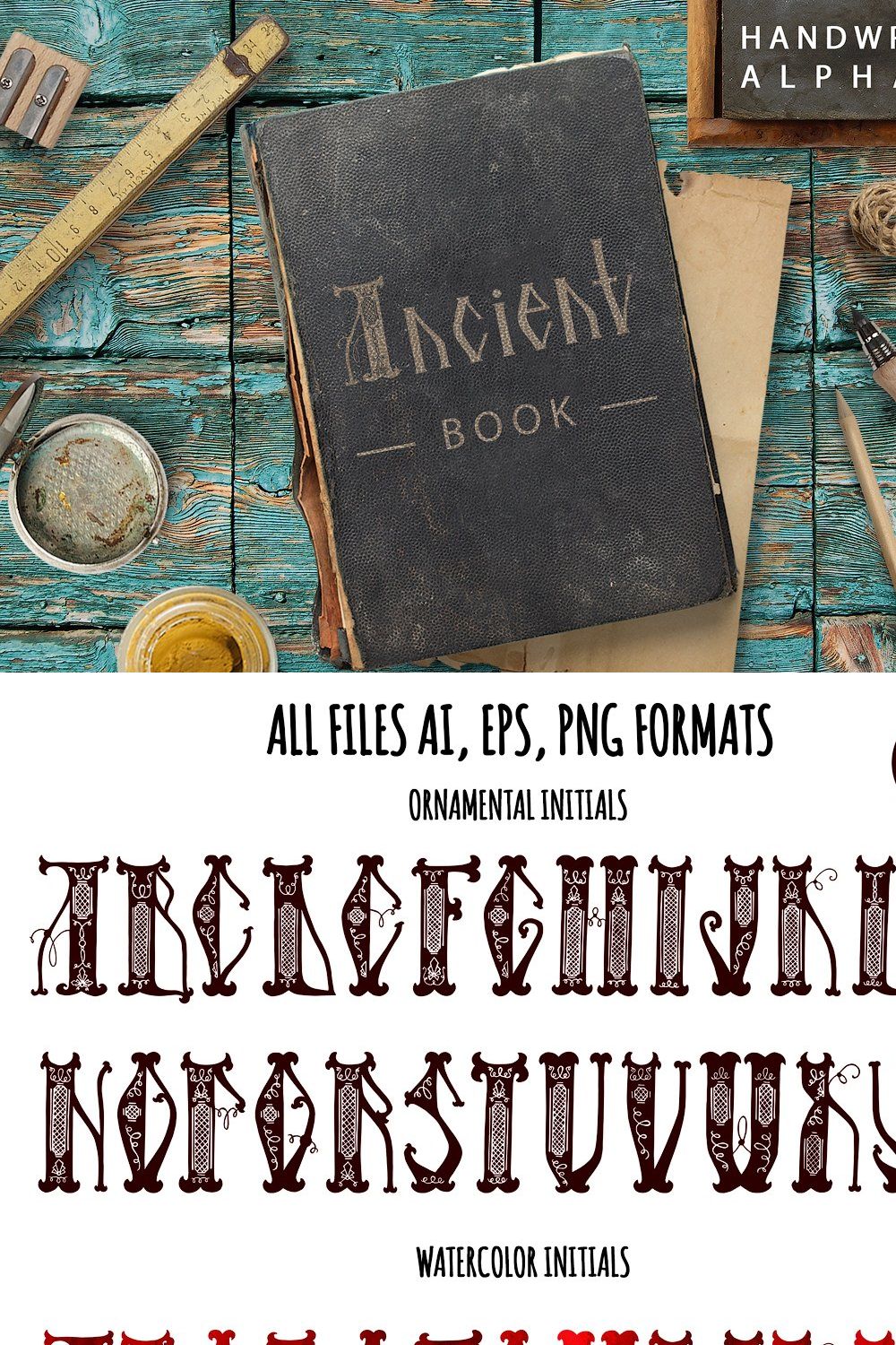 Initials ANCIENT BOOK. Character set pinterest preview image.