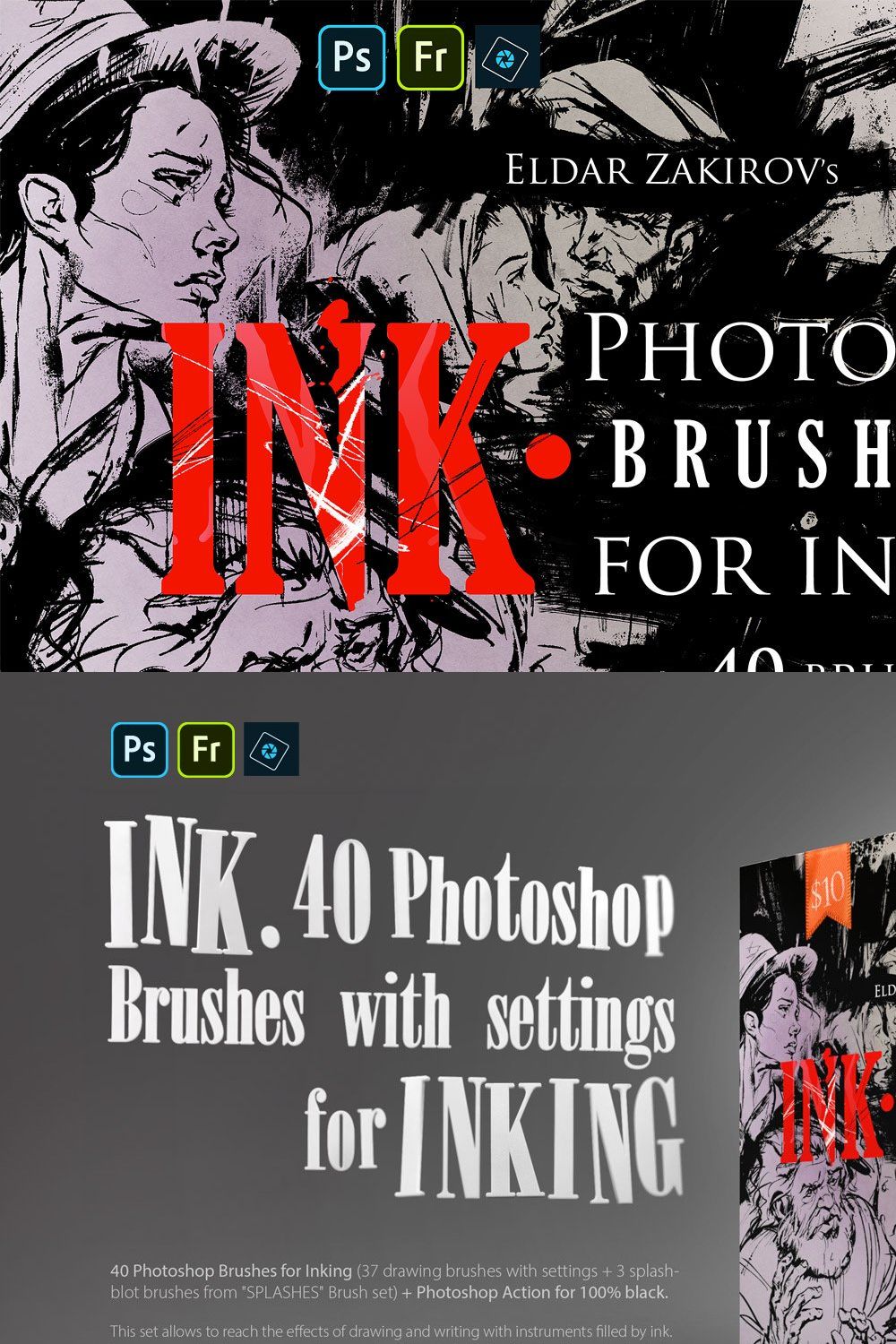 INK. 40 Photoshop Brushes for Inking pinterest preview image.