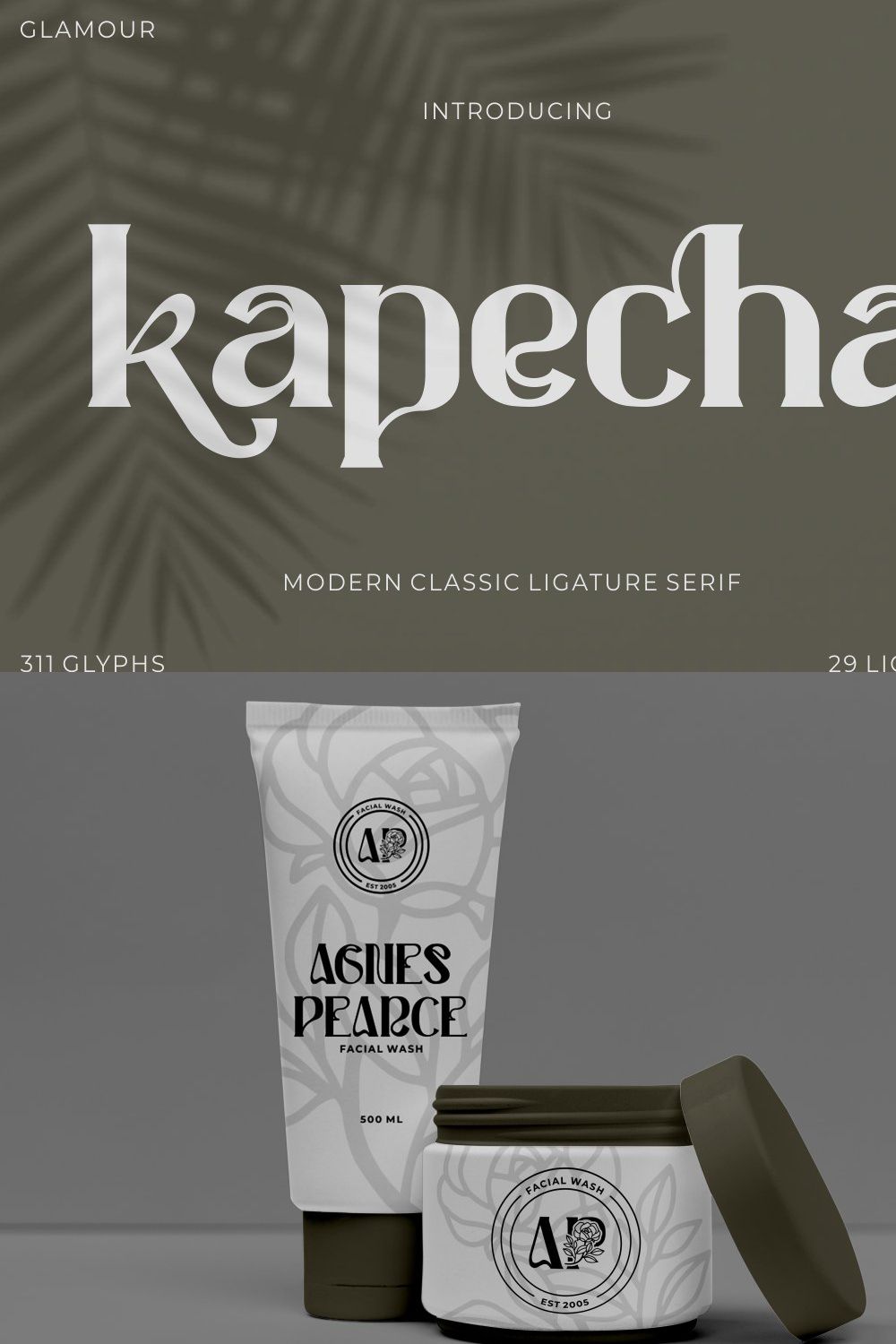 Kapecha - Modern Ligature Serif Font pinterest preview image.