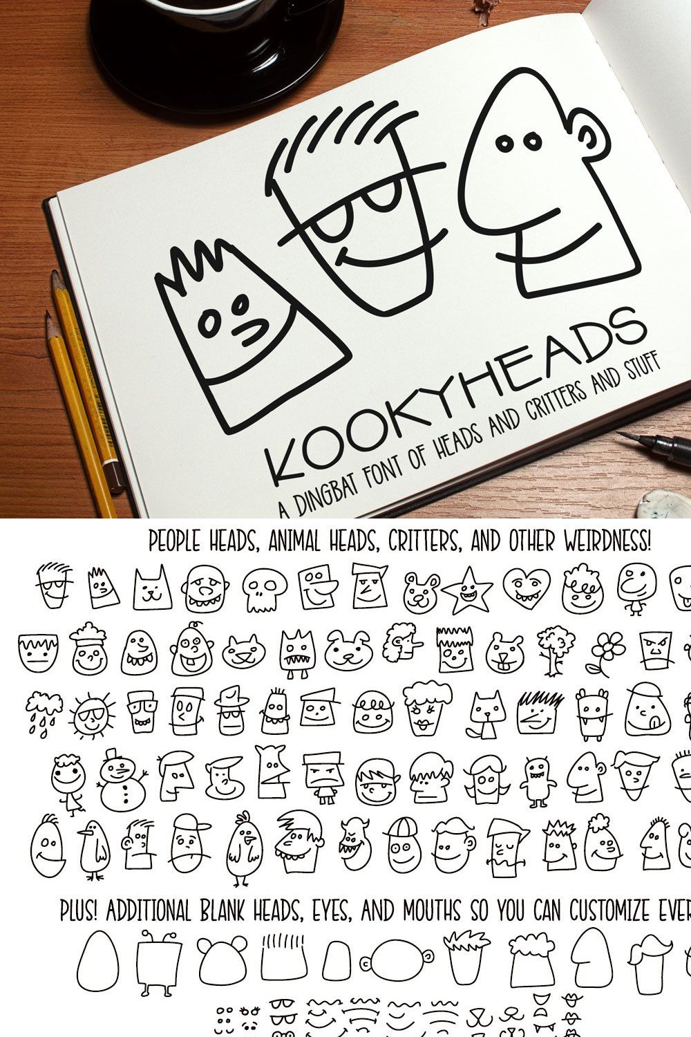 Kookyheads - a dingbat doodle font! pinterest preview image.