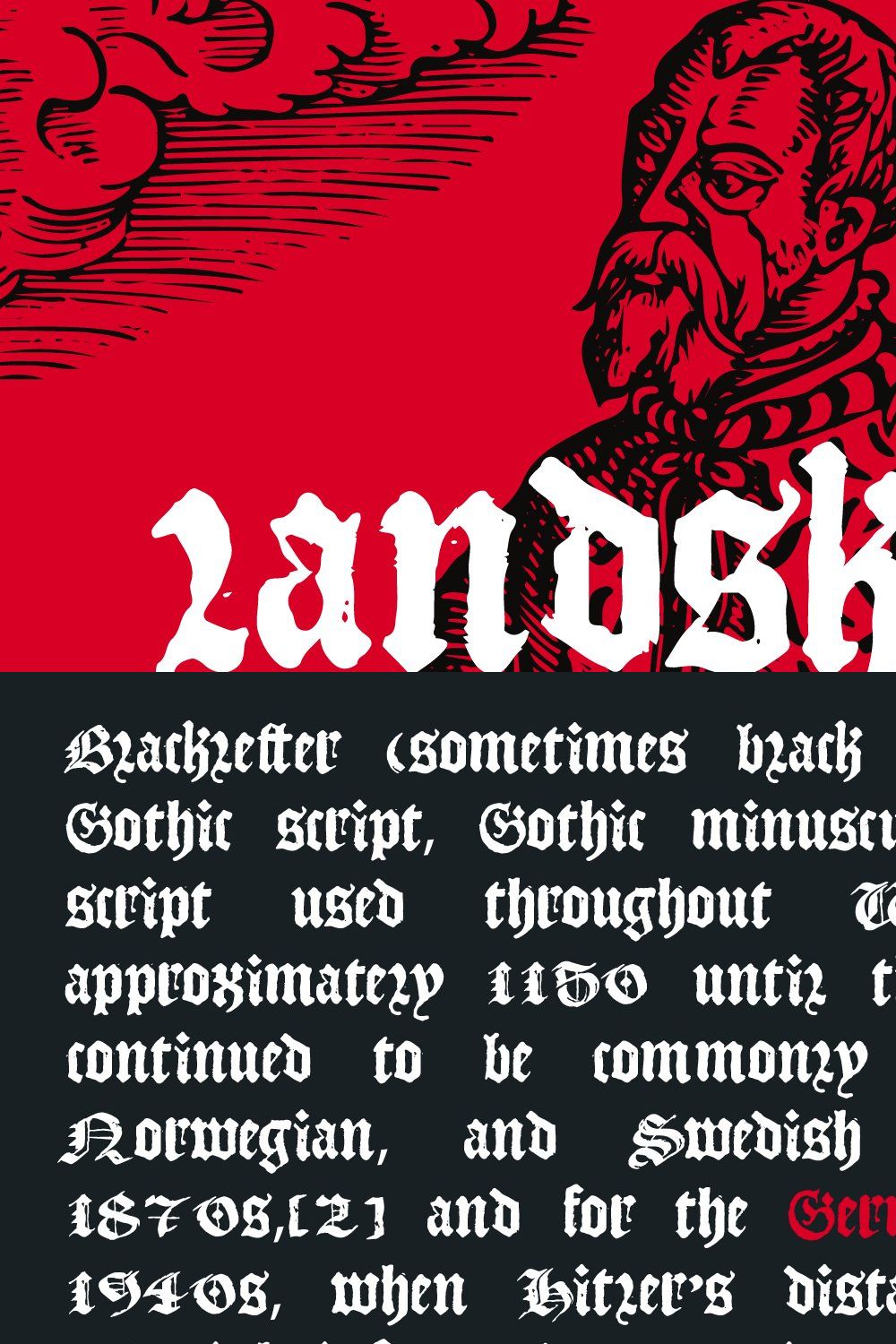 Landsknecht blackletter style font pinterest preview image.