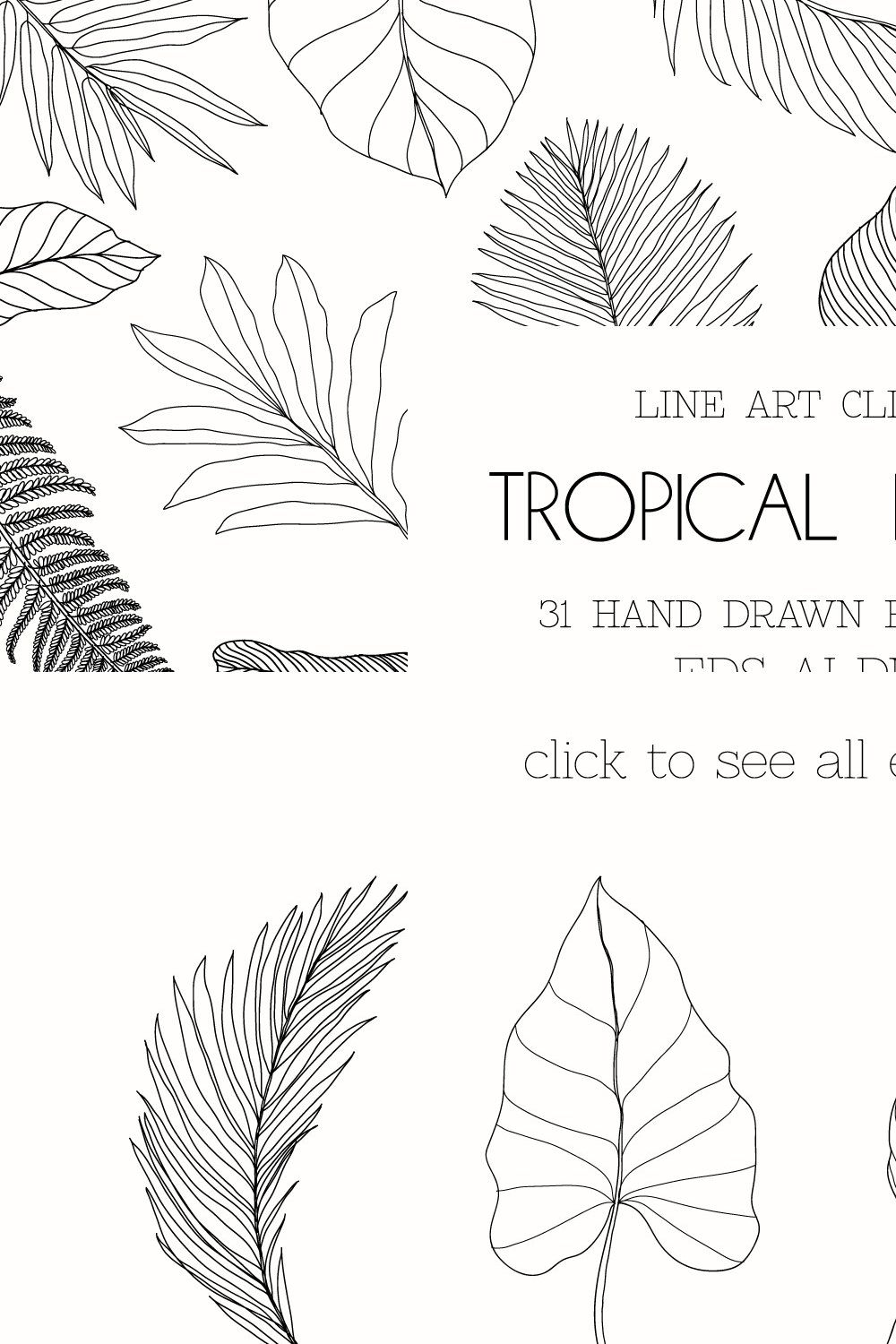 Line Art Tropical Leaves Clipart. pinterest preview image.