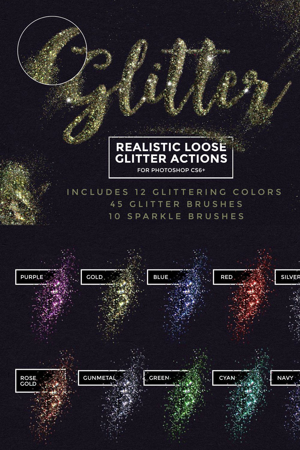 Loose Glitter Photoshop Actions pinterest preview image.