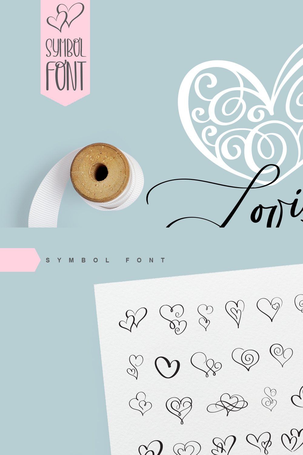 Lovingly Symbol Flourish Hearts Font pinterest preview image.