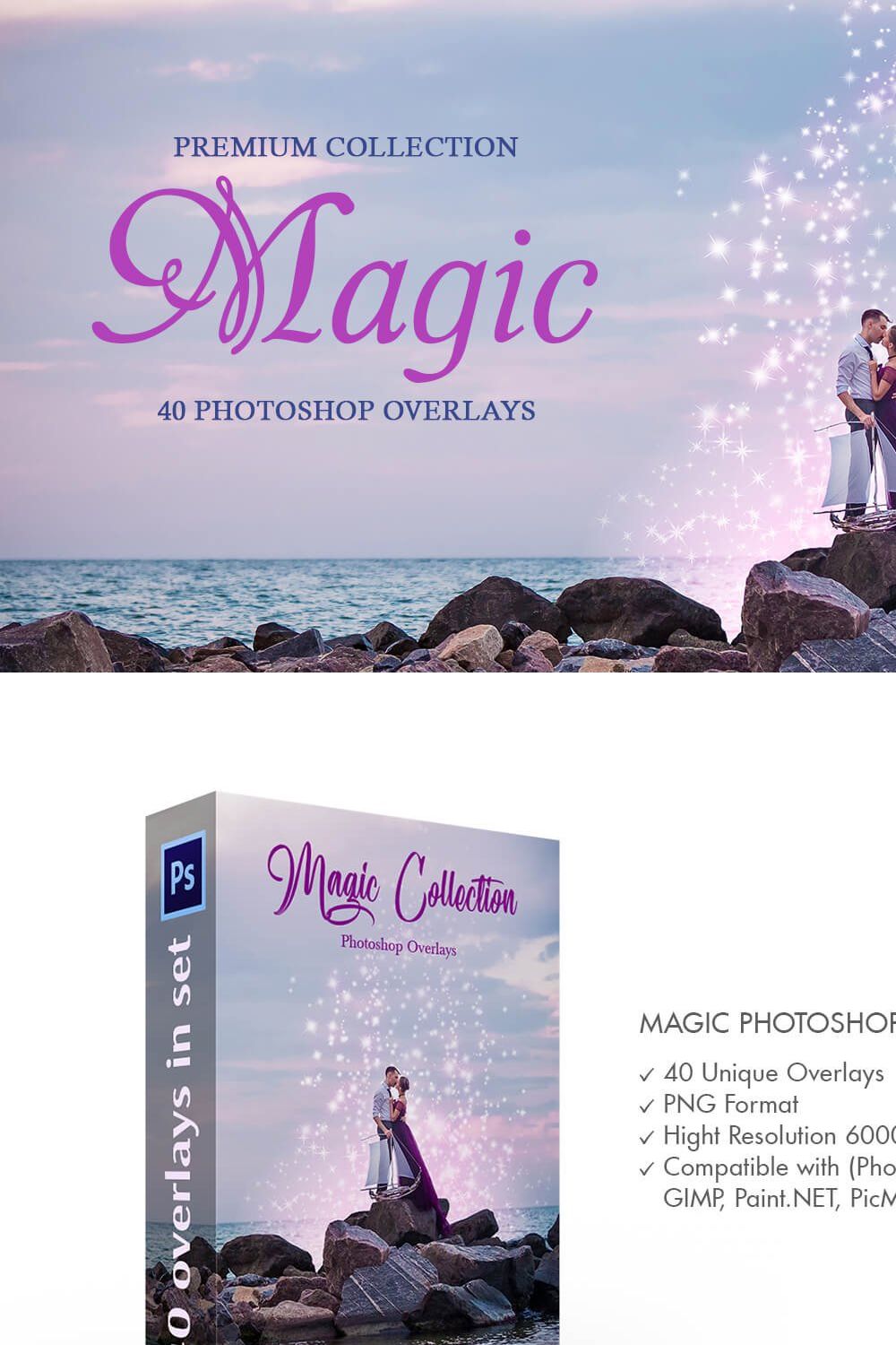 Magic Photoshop Overlays pinterest preview image.