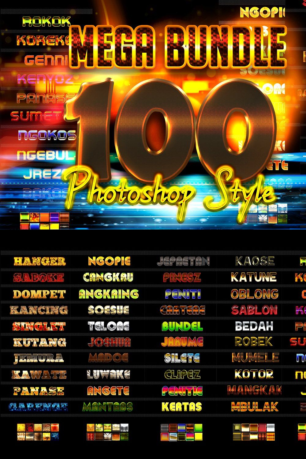 Mega bundle 100 Photoshop Styles pinterest preview image.
