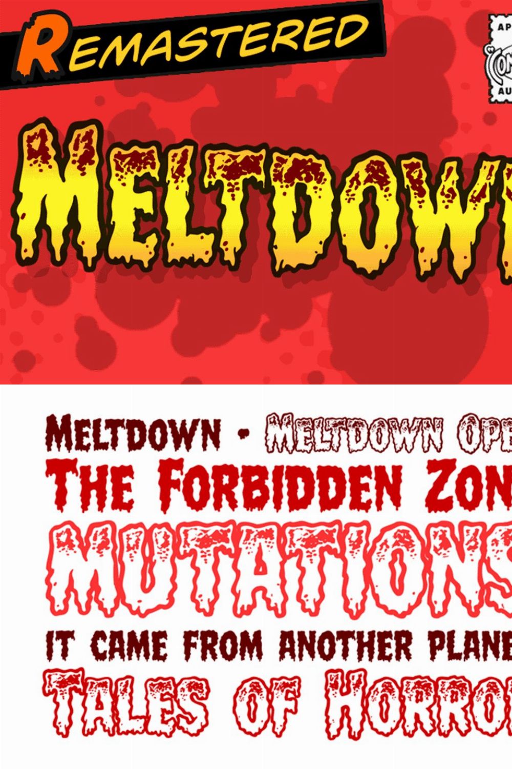 Meltdown - drippy horror comic font pinterest preview image.