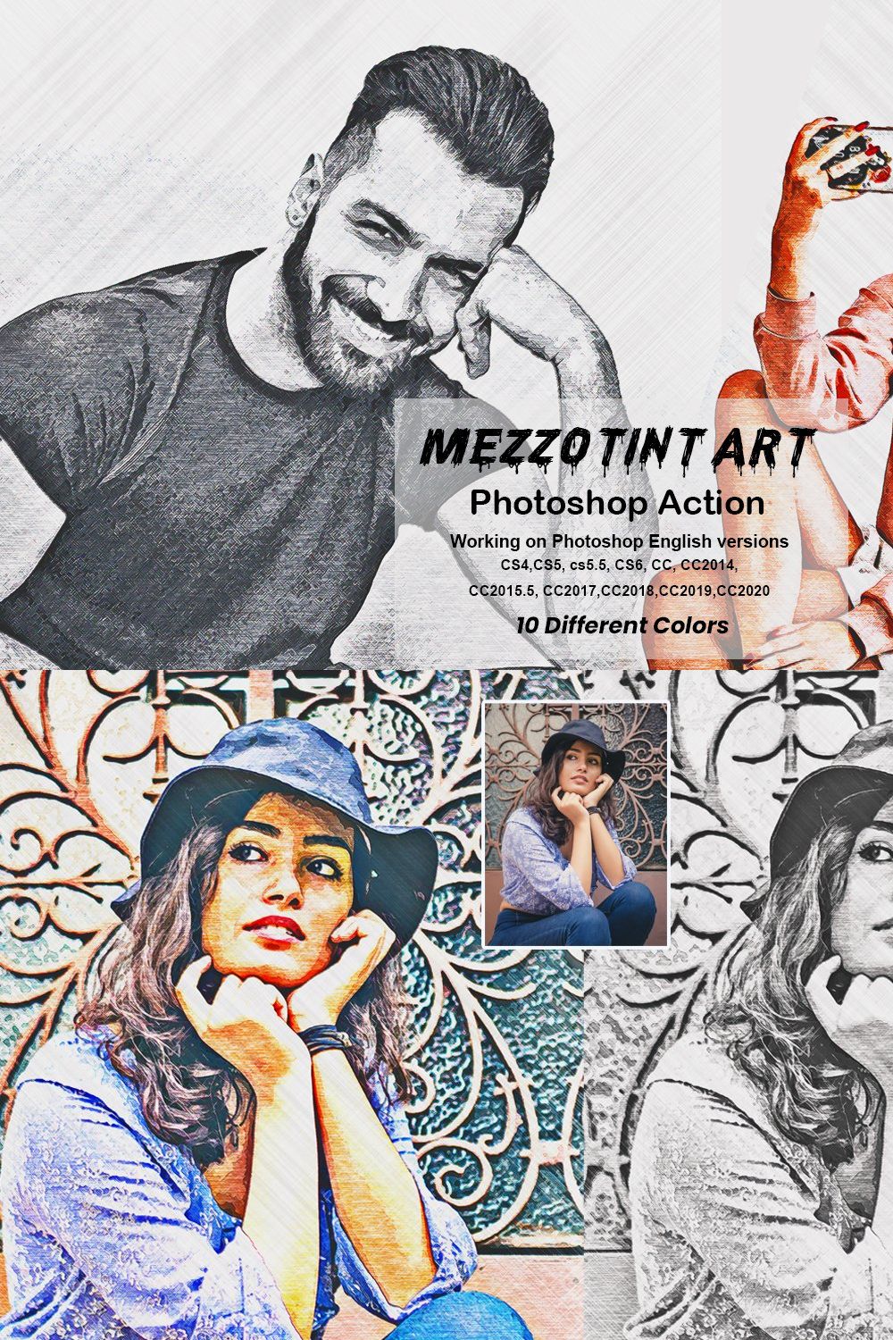 Mezzotint Art Photoshop Action pinterest preview image.