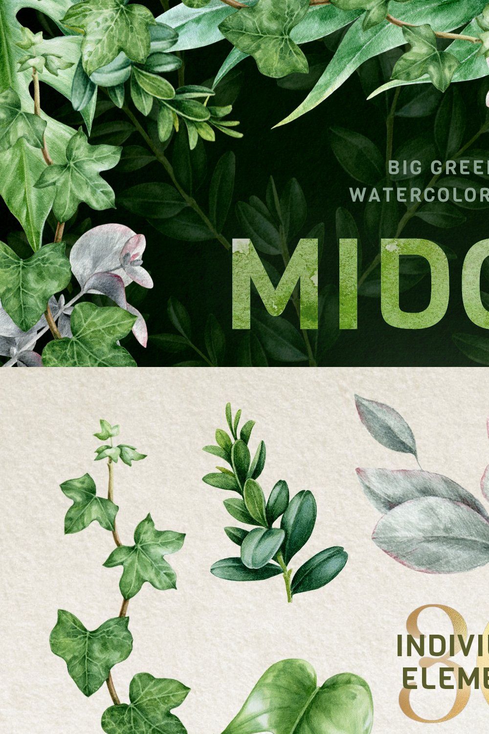 Midori  Green Leaf Watercolor Set pinterest preview image.