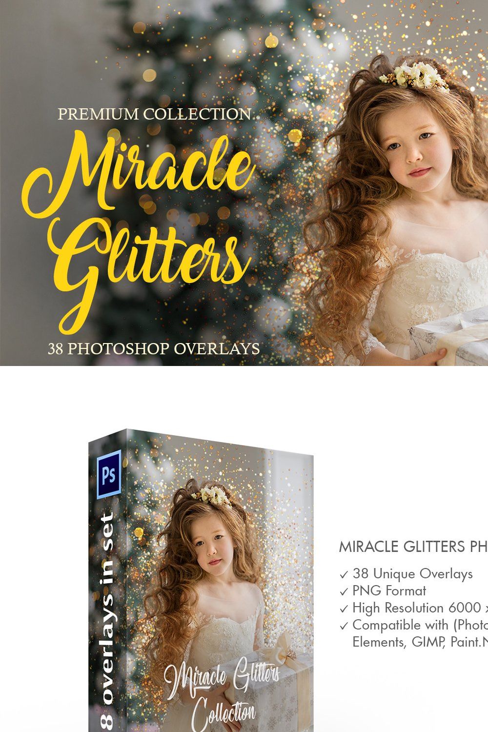 Miracle Glitters Photoshop Overlays pinterest preview image.