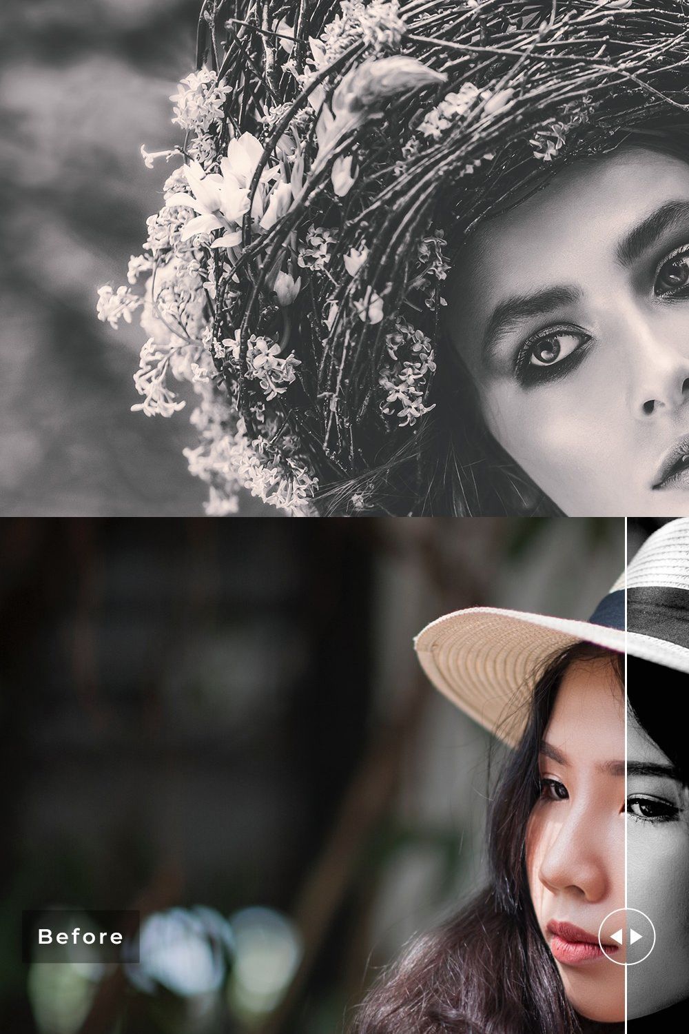 Monochrome Lightroom Presets Pack pinterest preview image.