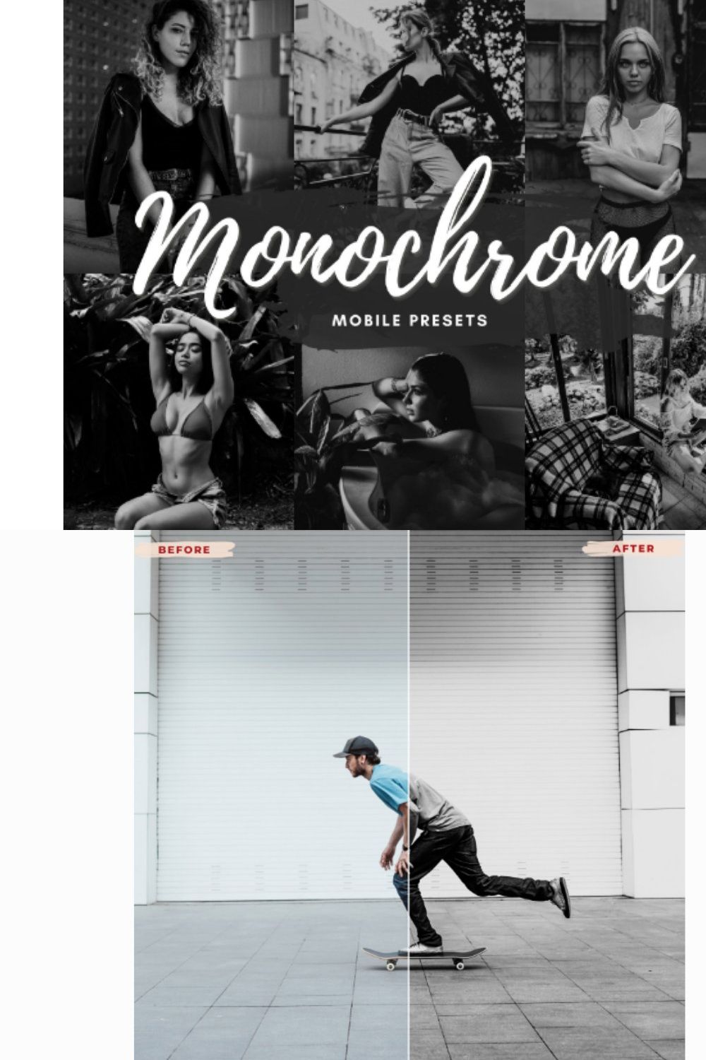 MONOCHROME Mobile Lightroom Presets pinterest preview image.