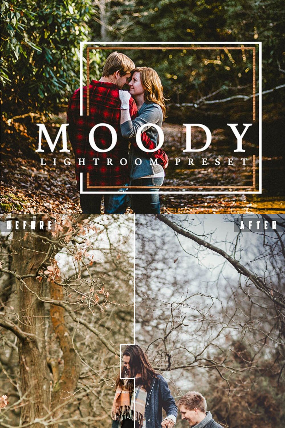 Moody Warm Lightroom Preset pinterest preview image.