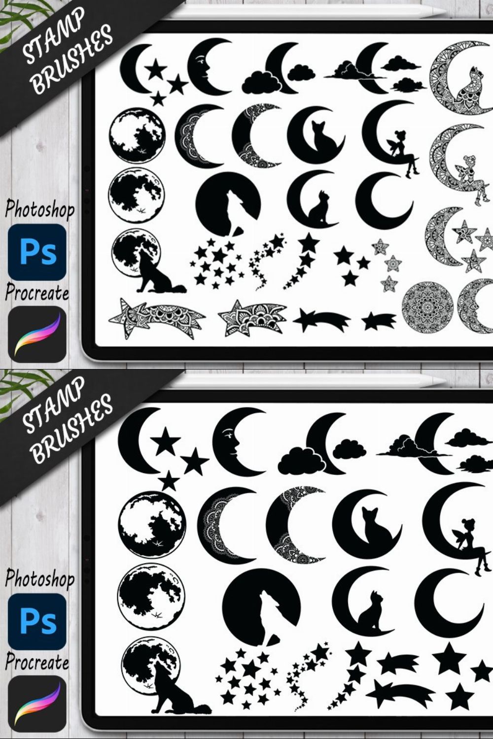 Moon Stamps Brushes for Procreate. pinterest preview image.