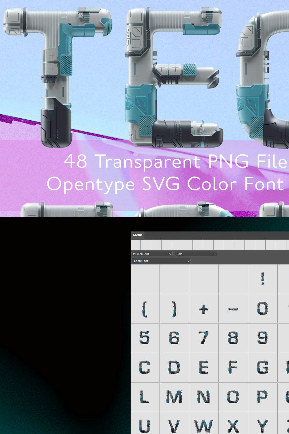 MS Tech Opentype Color Font and PNGs pinterest preview image.